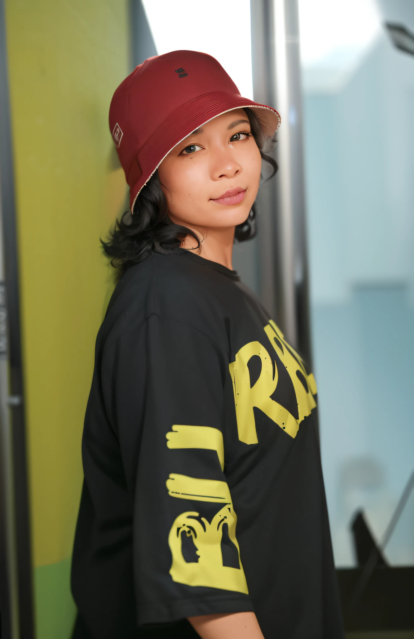 there is a woman wearing a hat and a black shirt, taken with canon eos 5 d mark iv, mid shot portrait, shot on canon eos r5, shot on canon eos r 5, casual photography, she is wearing streetwear, taken with canon eos 5 d, taken with canon 8 0 d, taken with canon 5d mk4, photograph of a techwear woman