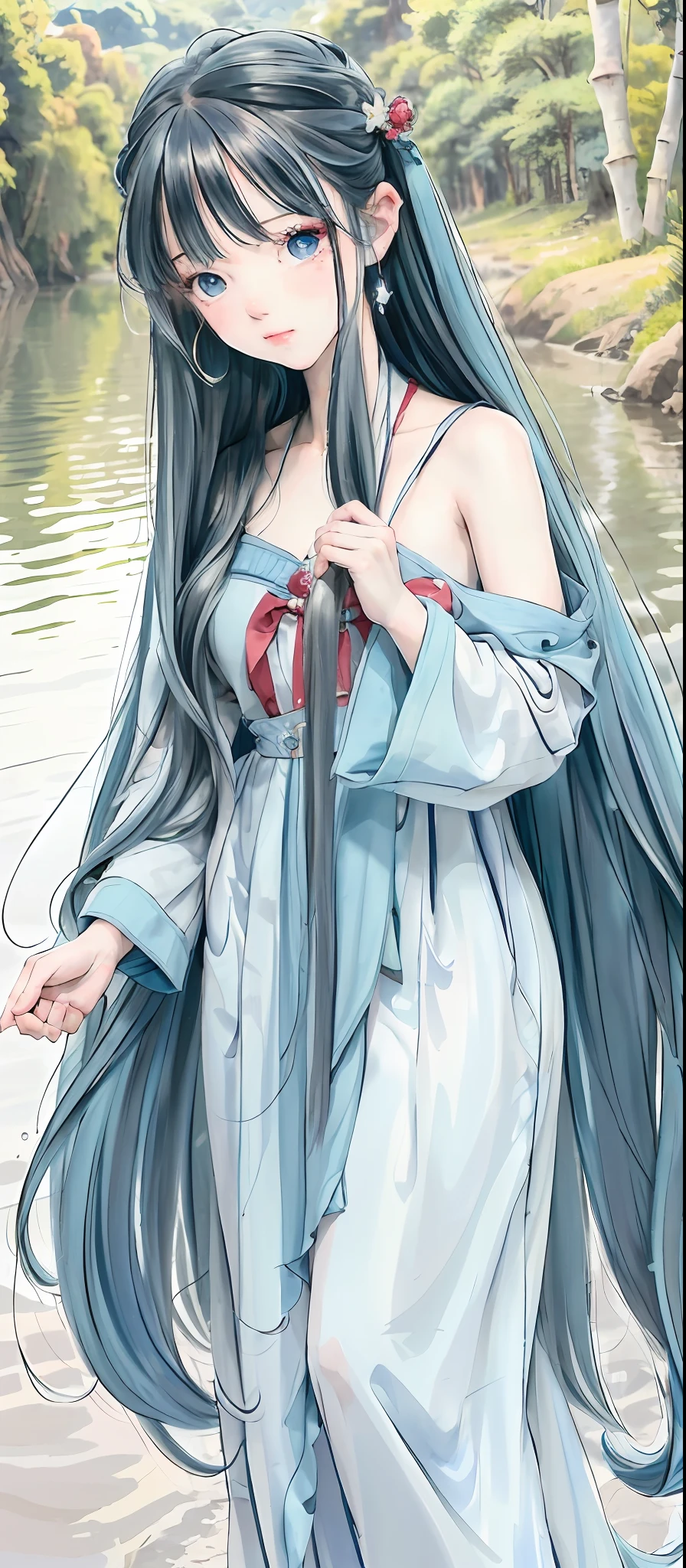 Masterpiece, Best Quality, Official Art, 8k Wallpaper, Very Detailed, Illustration, 1 Girl, Sky Blue Hair, Long Hair, Detailed Eyes, Forrest Gump, Bare Shoulders, Hanfu, Lake, Pure, Soft Smile, bamboo, tea