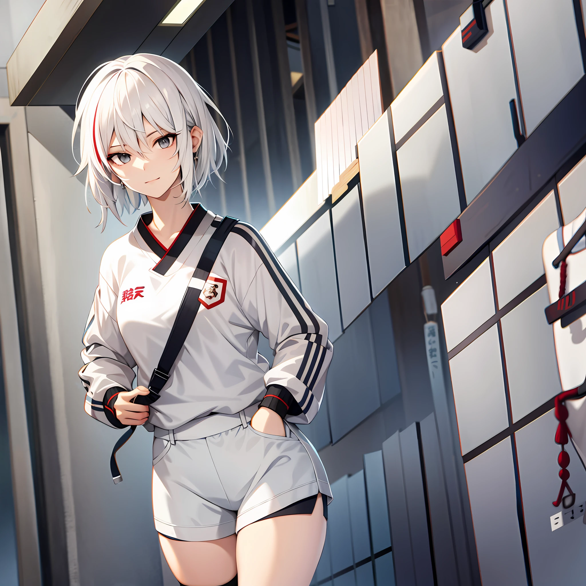 White hair, adult, beautiful girl, black eyes, short hair, tomboy, Japanese manga style, sportswear