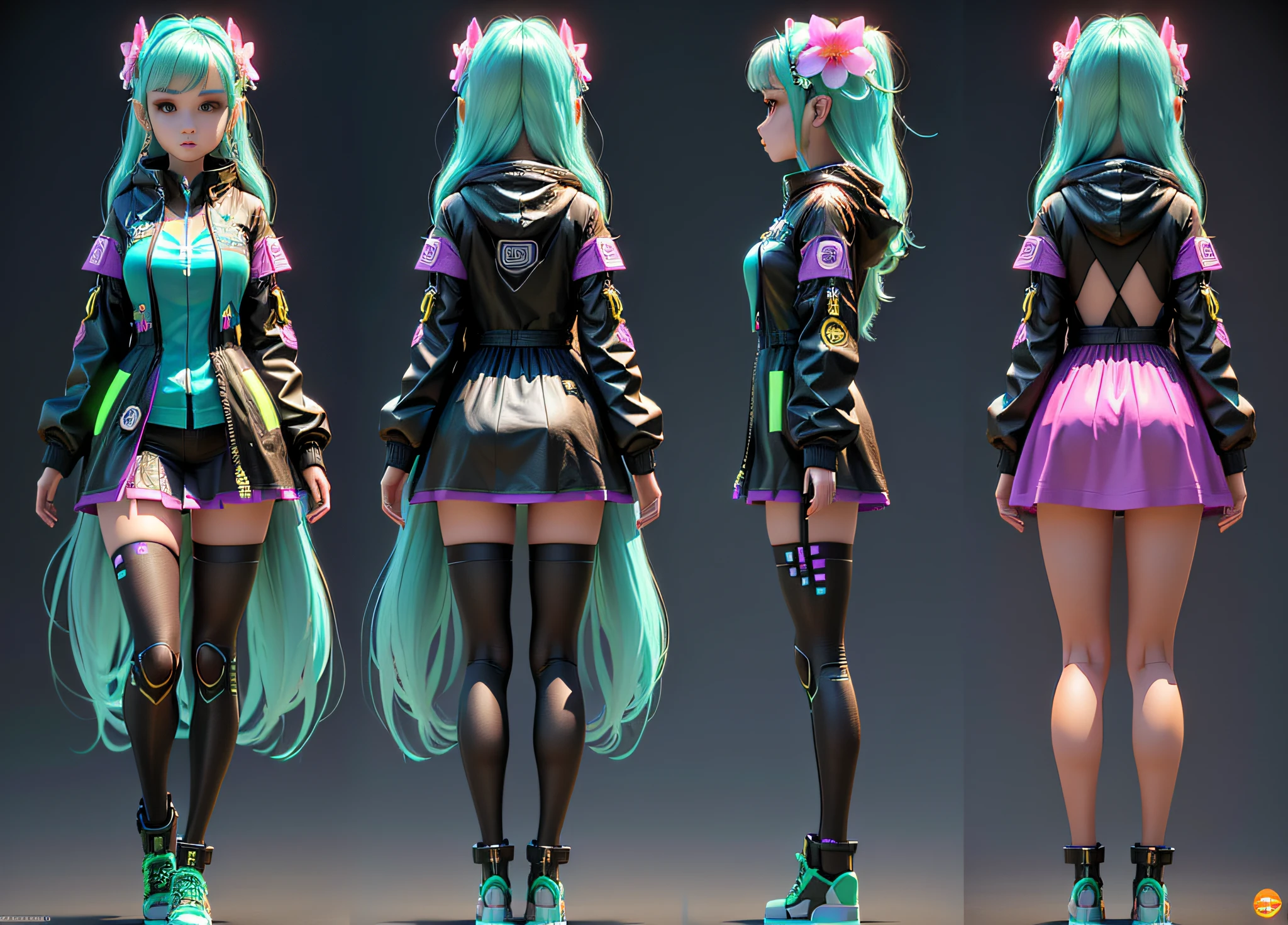 The full body 3d artwork of super cute girl, front view, side view, back view, candy color, Cyberpunk, fashion trend, 3s material, doll, concept art, T pose, reference sheet, pop mart blind box, Pixar, long hair, green watery - eyes, flower decoration, rattan decoration, luxury, complex details, 3d render, blender, OC renderer, foll body reference sheet, dribble, high details, 8k, studio lighting
