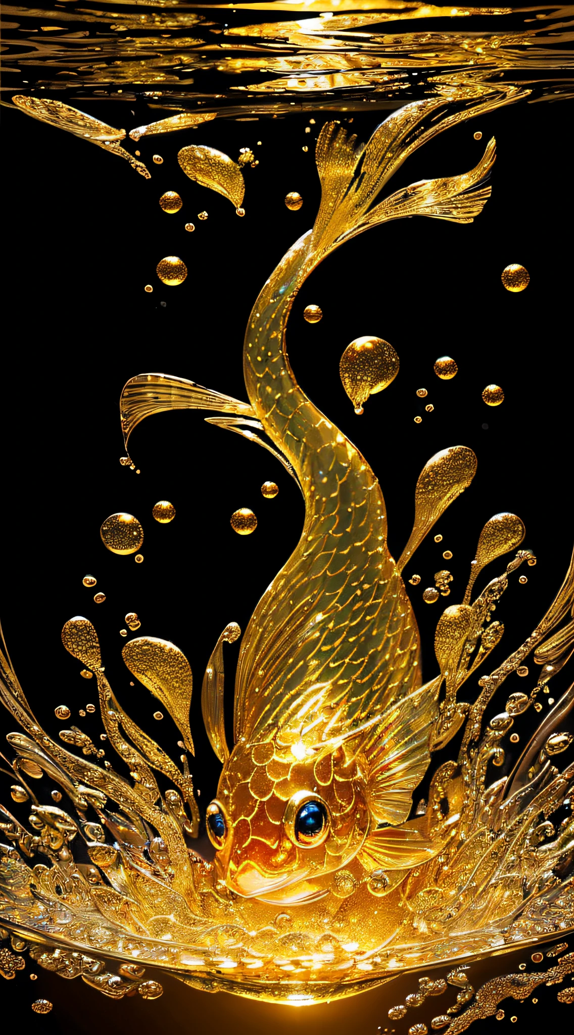 (((Masterpiece)))), (Best Quality)))), ((Super Detailed)), (Highly Detailed CG Illustration),Rounded Goldfish,Golden Water,Golden Goldfish,Golden,Sparkling Colors,Gorgeous, Vibrant Colors, Glowing Scales, Fine Description,Delicate Bubbles, Graceful Swimming, Sparkling Light,Realistic,Volume Light,Beautiful and Aesthetic,Black in Water --auto --s2