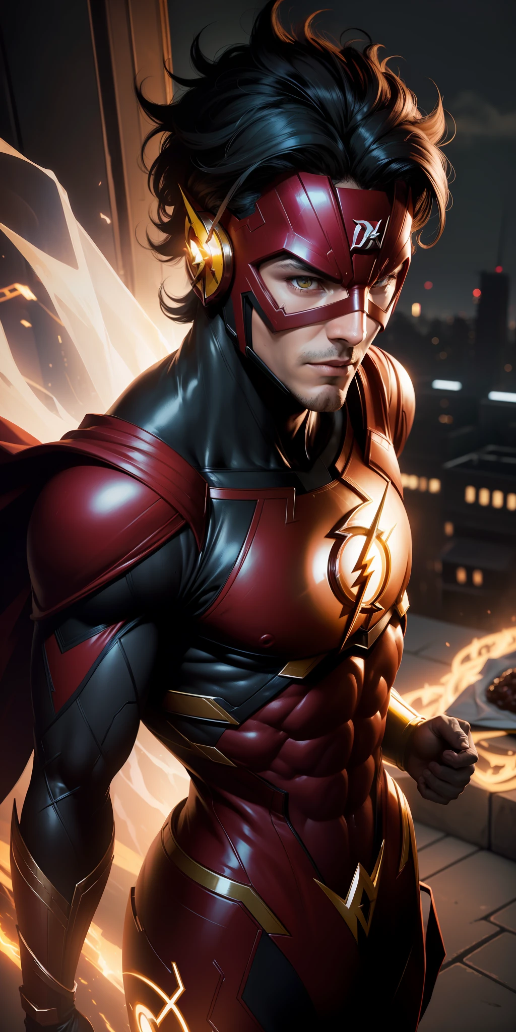(best possible quality, ultra-details, 8k, DC comic style:1.2),(flash mask, mask), chocolate dessert, lots of light (1.2), night atmosphere,high contrast:1.1.