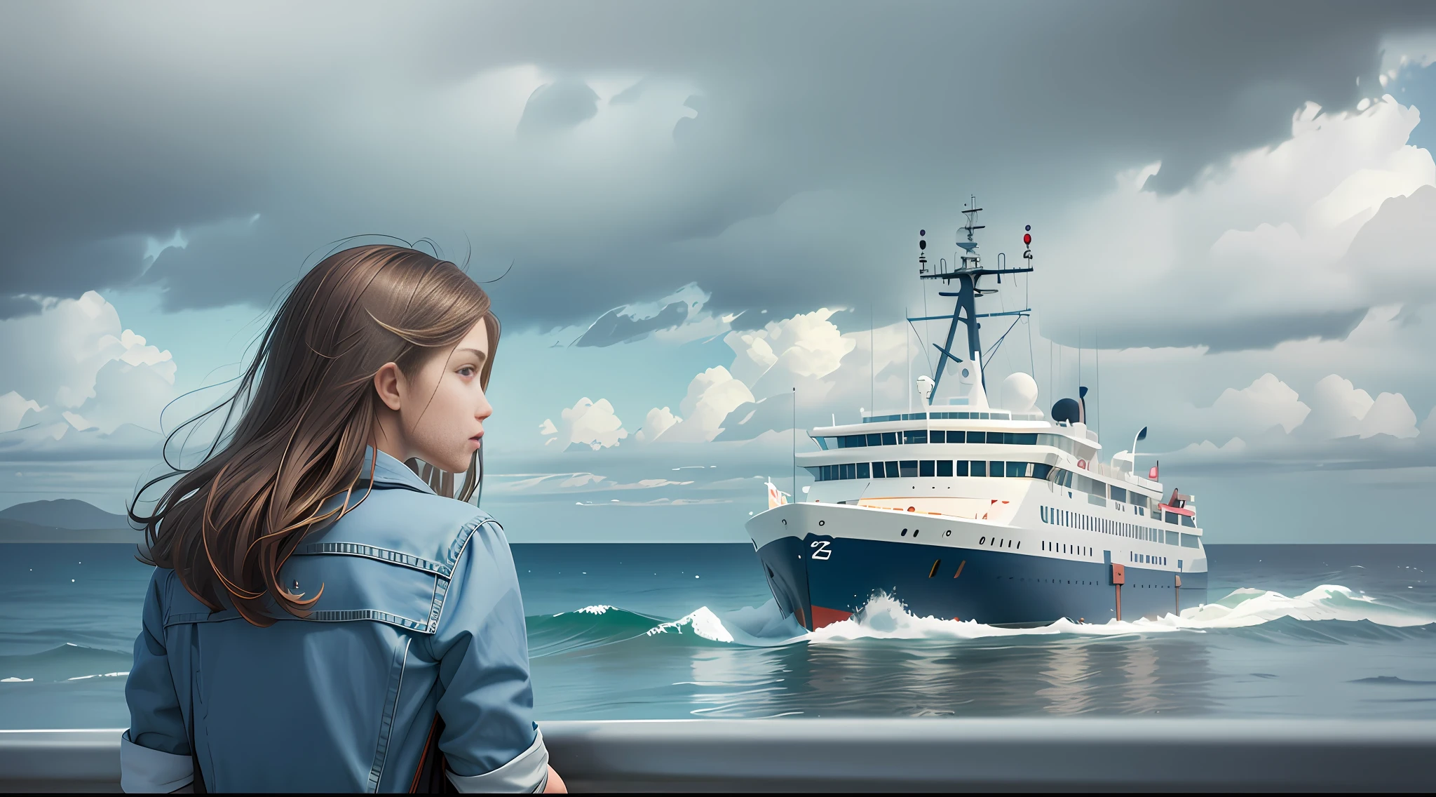 there is a girl looking at a boat in the water, matte painting portrait shot, photography alexey gurylev, on the sea, on the ocean, by Mathias Kollros, true realistic image, by Kurt Roesch, by Etienne Delessert, real photoshoot queen of oceans, on a yacht at sea, by Aleksander Gierymski