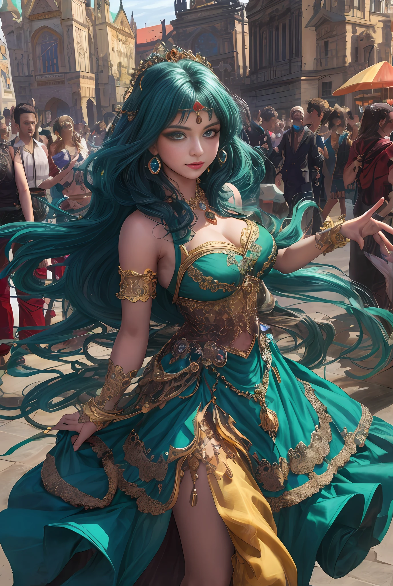 (masterpiece, best quality, realistic),
1girl,Prague Old Town Square background, gypsy dress,(princess eyes,shiny pupils),dancing, intricate,teal hue dress, gold, gypsy person, banquet, crowd, picking up skirt,pale skin,
[slight smile],