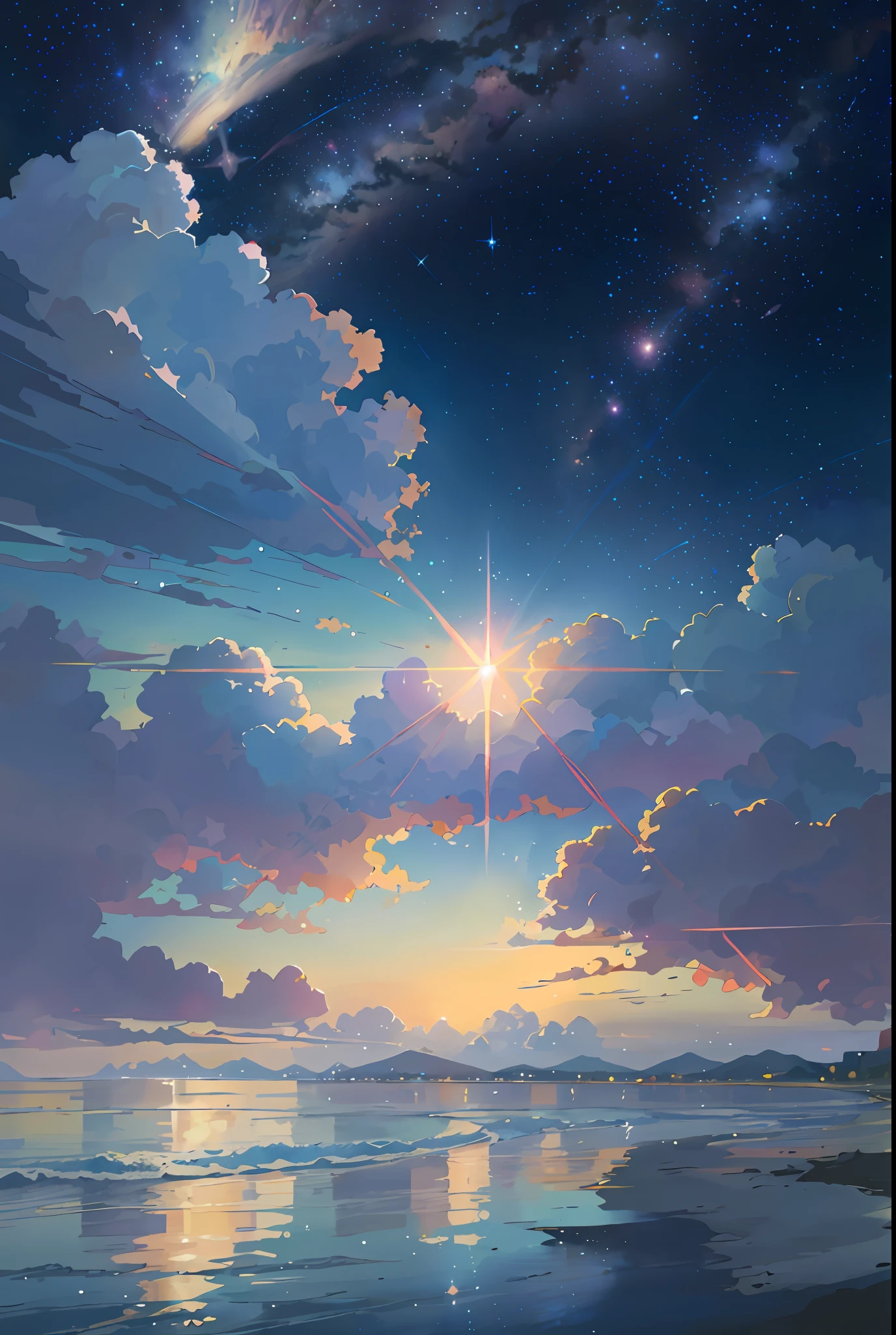 anime scenery of a beach with a star filled sky and a person on a surfboard, cosmic skies. by makoto shinkai, ethereal starlit city at sunset, anime sky, star(sky) starry_sky, anime beautiful peace scene, anime background art, beautiful anime scene, a beautiful artwork illustration, endless cosmos in the background