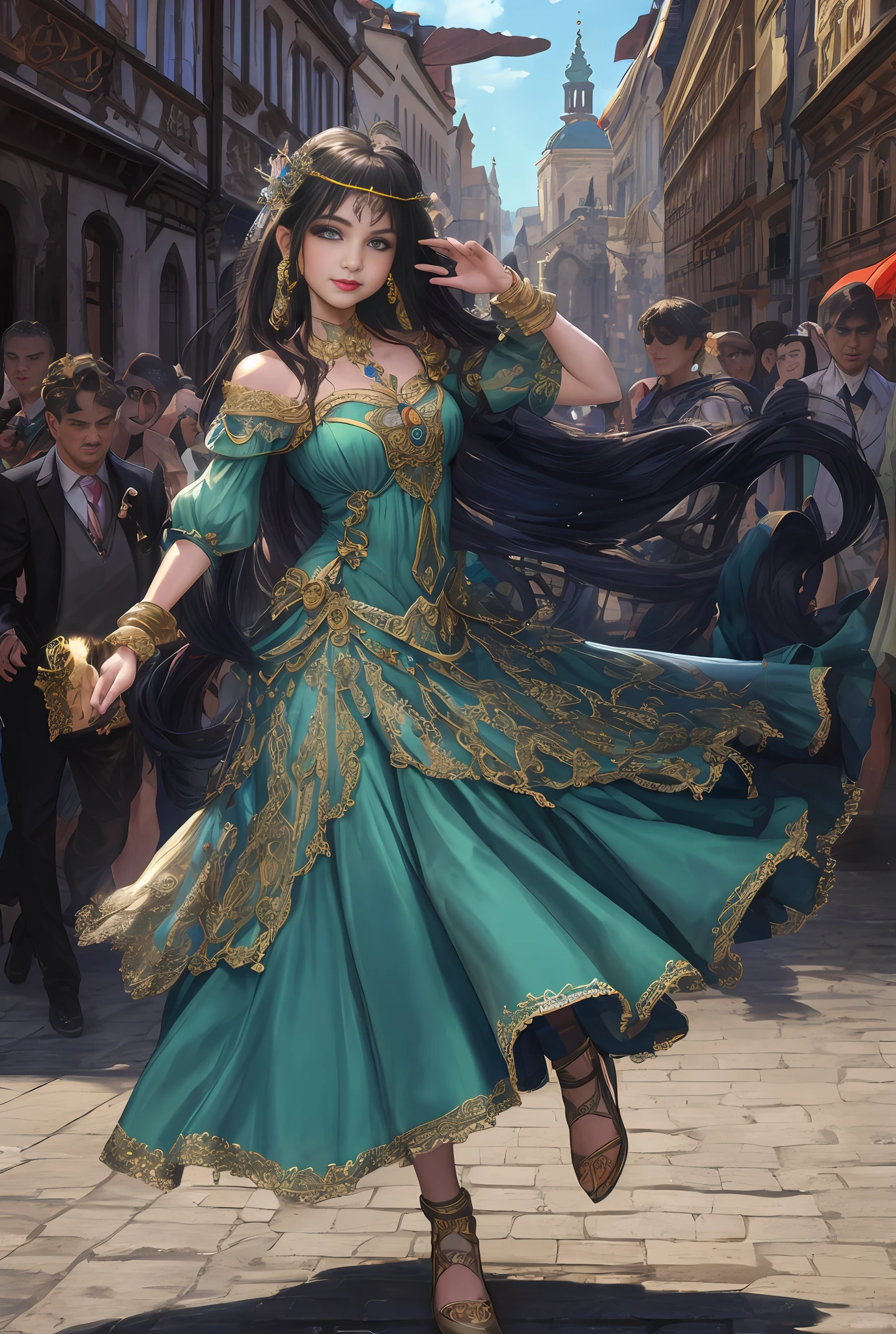 (masterpiece, best quality, realistic),
1girl,Prague Old Town Square background, gypsy dress,(princess eyes,shiny pupils),dancing, intricate,teal hue dress, gold, gypsy person, banquet, crowd, picking up skirt,pale skin,
[slight smile],