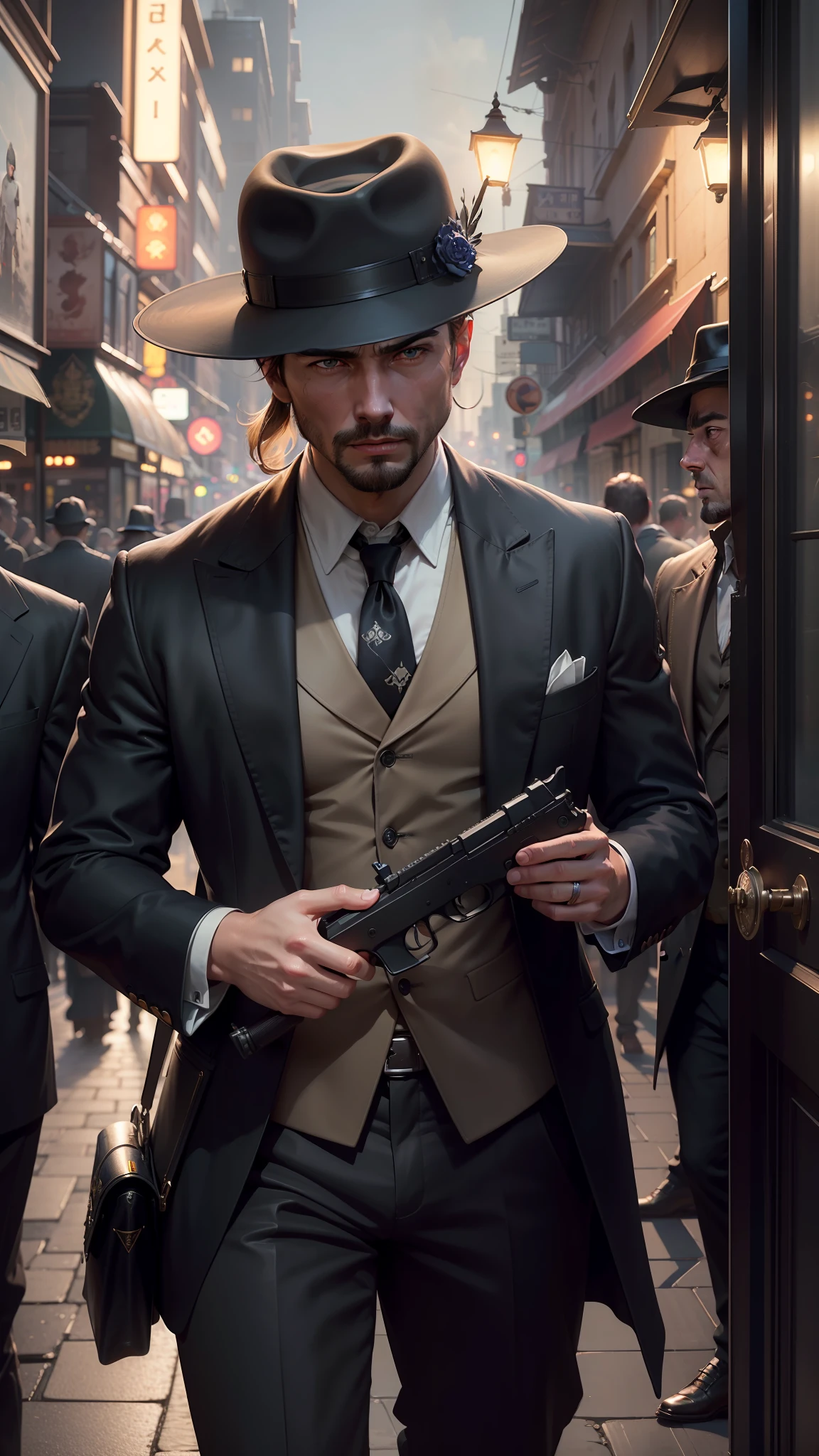 men like detective, (walking down a street at night with two men), (gun pointed at other men), modelshoot style, (extremely detailed CG unit 8k wallpaper), photo of the most beautiful artwork in the world, majestic professional oil painting by Ed Blinkey, Atey Ghailan, Studio Ghibli, by Jeremy Mann, Greg Manchess, Antonio Moro,  trend at ArtStation, trend at CGSociety, Intricate, High Detail, Sharp Focus, dramatic and photorealistic art by Midjourney and Greg Rutkowski, (wearing a felt hat: 1.1), (looking at the observer), (detailed students: 1.3), close-up, fighting