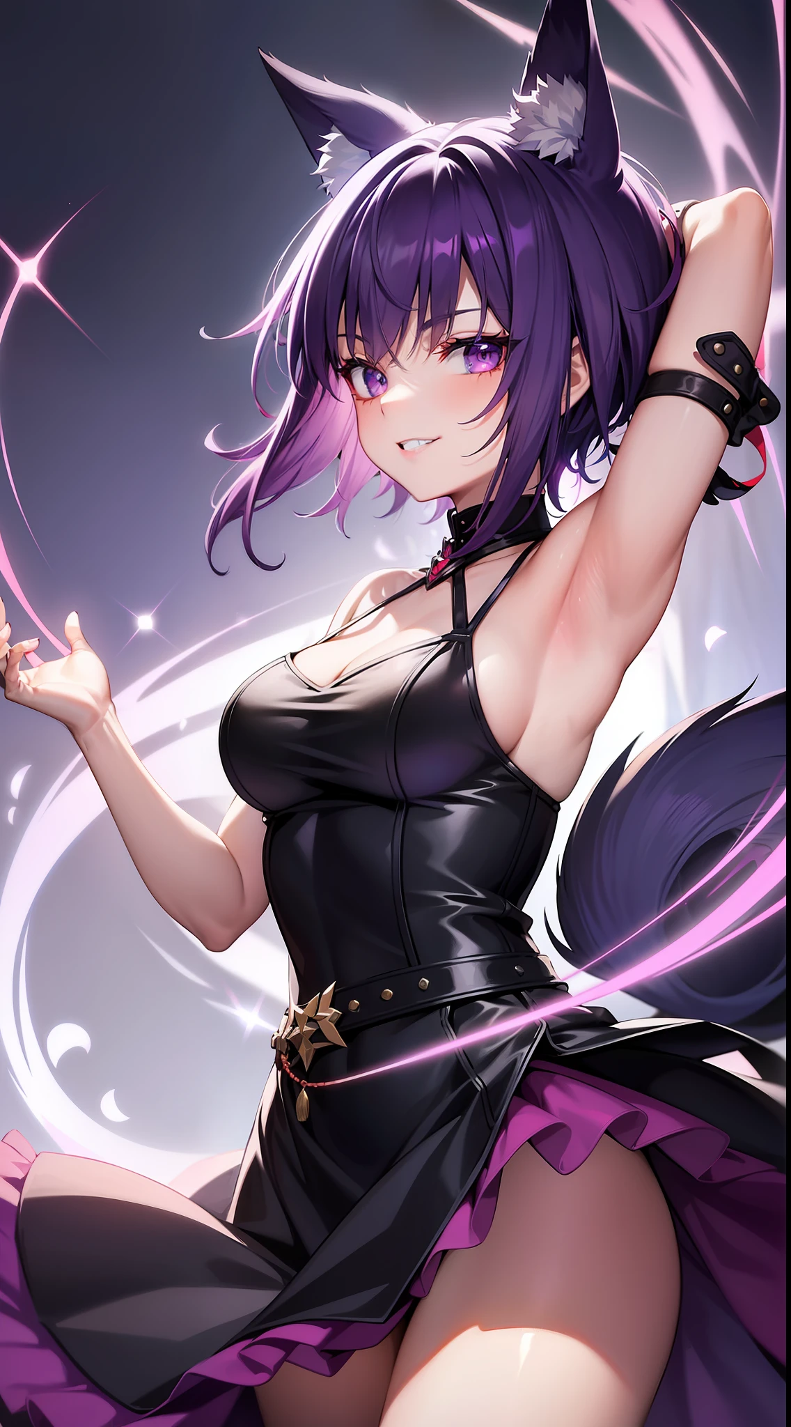Fashionable girl, short purple hair, red strand, blue eyes, wolf ears and tail, black light beautiful dress, smile, masterpiece, high quality