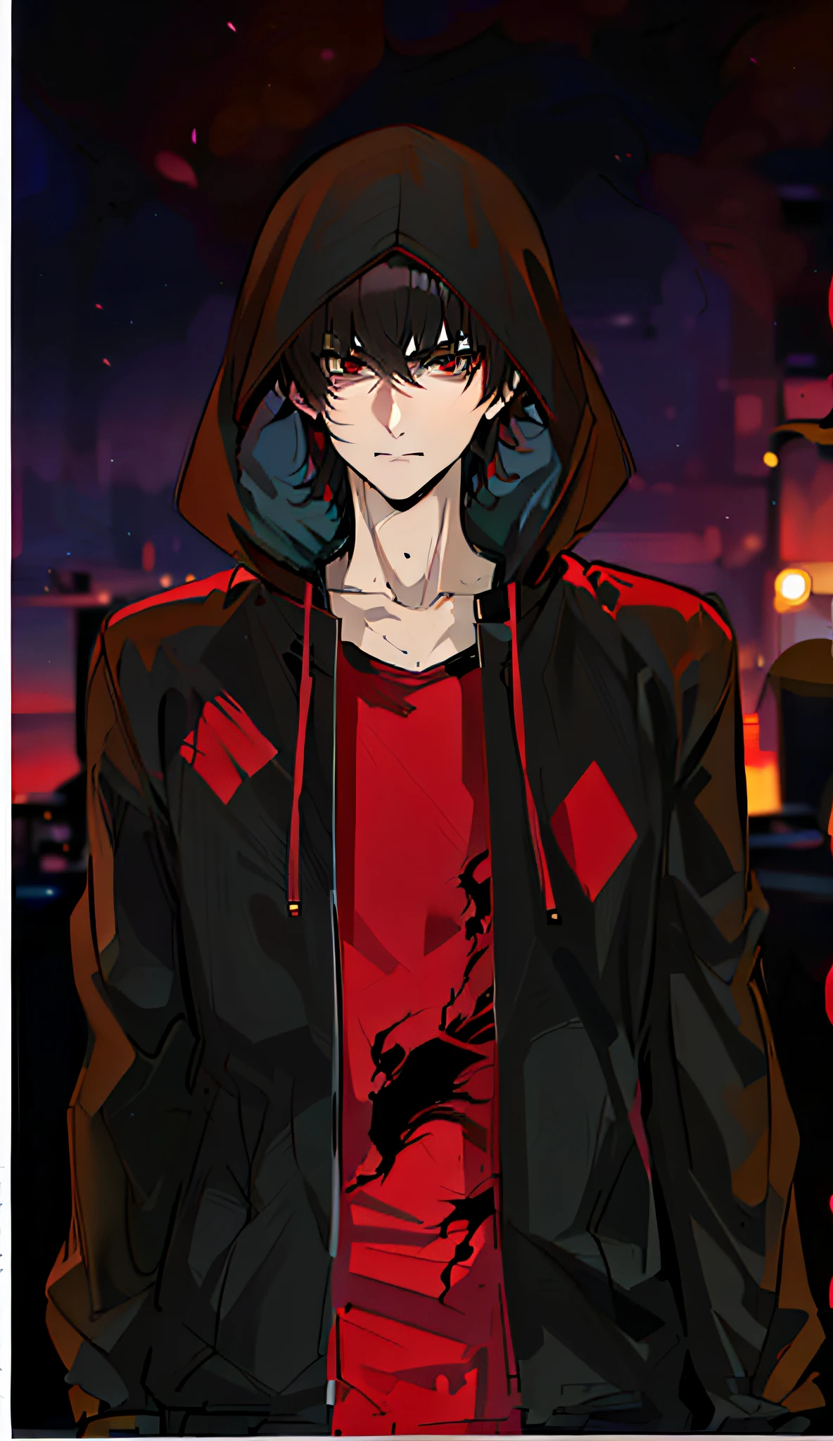 anime boy with hoodie with red shirt and black jacket,, tall anime boy with red eyes, male anime style, full body black and red long coat, handsome, full body close-up, inspired by Full body portrait, eyes well made,