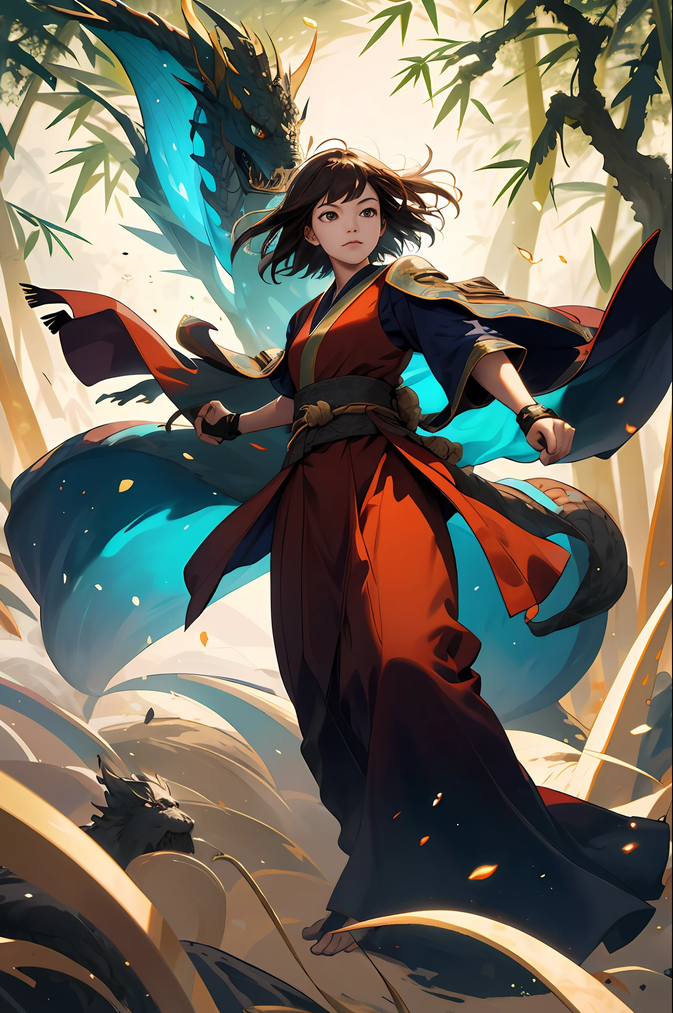 (absurd, high resolution, super detailed), 1 female, 16 years old, very beautiful, slim figure, short hair, bottom cut, dark brown eyes, fine eyes and detailed face, extremely detailed CG Unity 8k wallpaper, intricate details, (style swirl magic: 0.7), looking at the audience, solo, (full body: 0.6), detailed background, detailed face, (European medieval fantasy theme: 1.1), hair fluttering in the wind, martial artist, dynamic pose, fighting stance, clenched fists, Fingerless gloves, wristbands, dragon-themed costumes, monk robes, bamboo forest in the background, swirling floating particles, dynamic composition, mysterious oriental medieval atmosphere,
