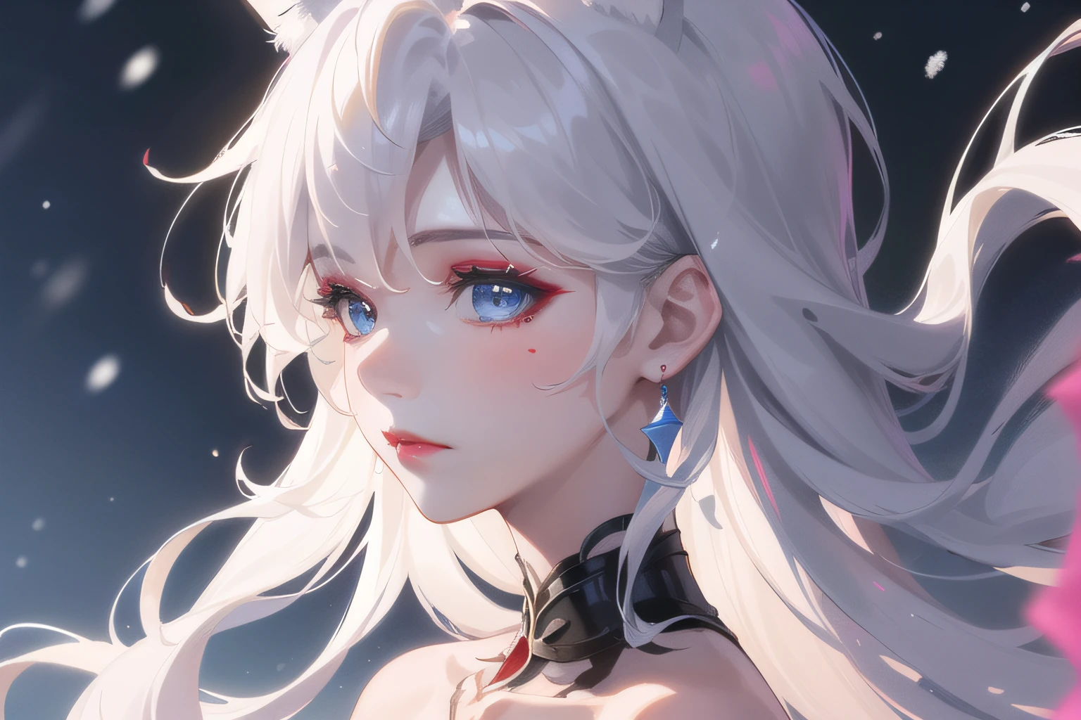 ((realistic)),(1girl),(nailin),painting,(white hair),bare shoulders, chromatic aberration,((fox ears)), ((cinematic light)), (finely detailed face), (portrait), (long, flowing)
, cinematic light, queen,disheveled hair, pastel colours, muted color,(enchanting:1),bestquality,(hair floating),(extremely beautiful detailed blue eyes),((red eyeshadow)),(closeup),long eyelashes,closed mouth,dynamic angle,
,intricate detail, fairy,red eyeliner,((red makeup)),masterpiece,collarbone,an extremely delicate and beautiful girl,(Winter snow),(long hair flowing with the wind),snow,from side,night,looking at camera