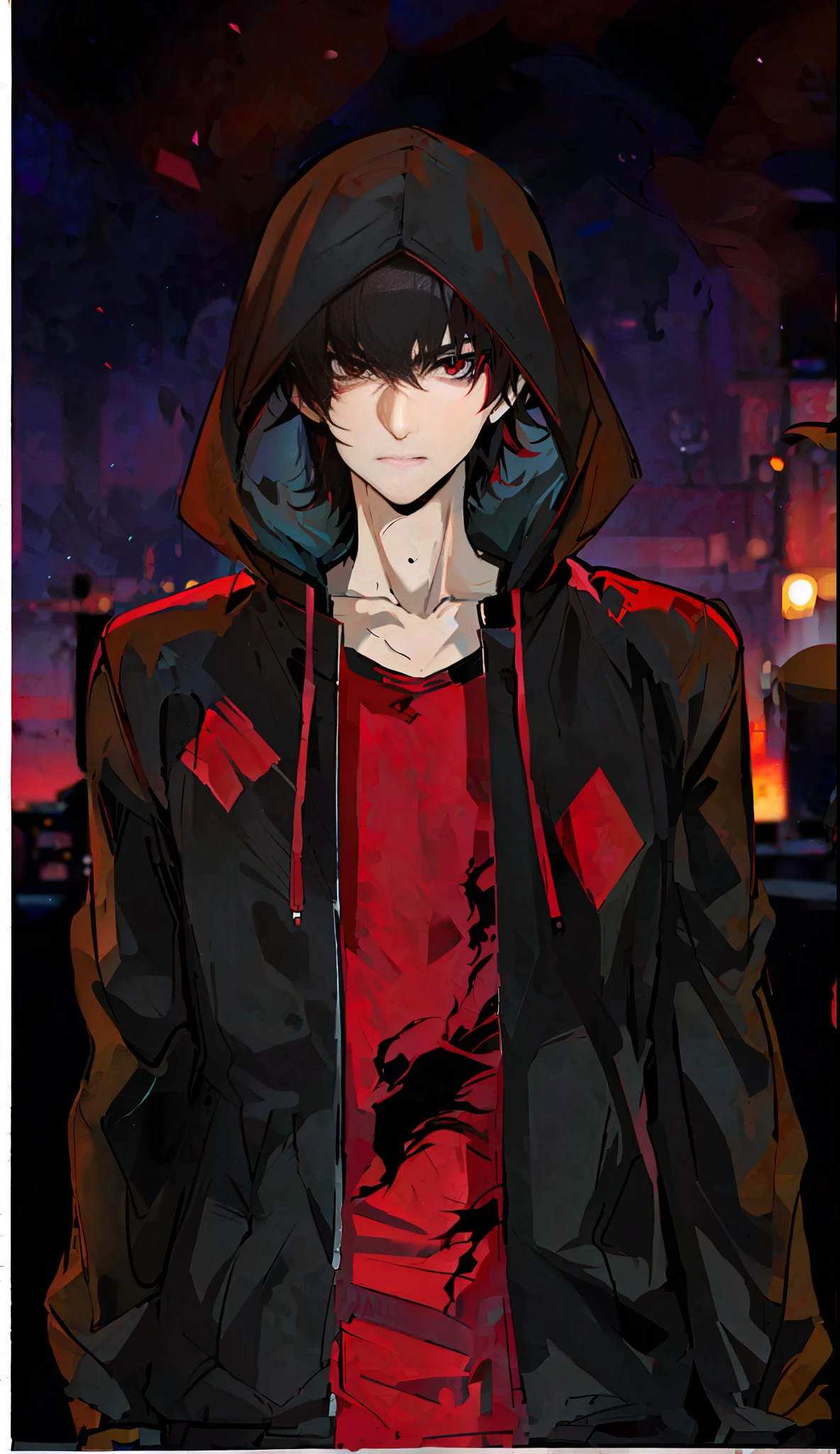 anime boy with hoodie with red shirt and black jacket,, tall anime boy with red eyes, male anime style, full body black and red long coat, handsome, full body close-up, inspired by Full body portrait, eyes well made,