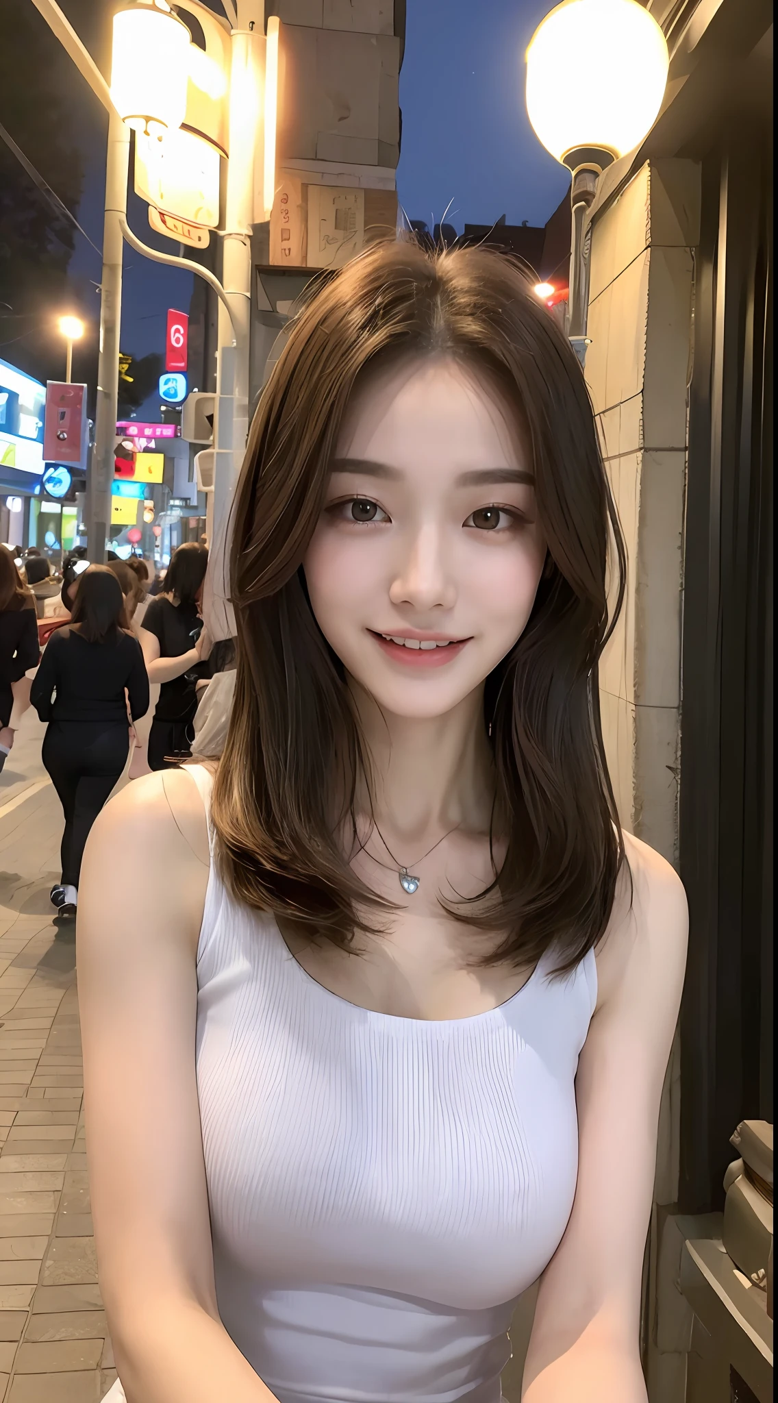 ((top quality, 8K, masterpiece: 1.3)), 1 woman, slender abs beauty: 1.3, (hairstyle casual, big breasts: 1.2), dress: 1.1, super fine face, delicate eyes, double eyelids, smile, night street, street lamp,