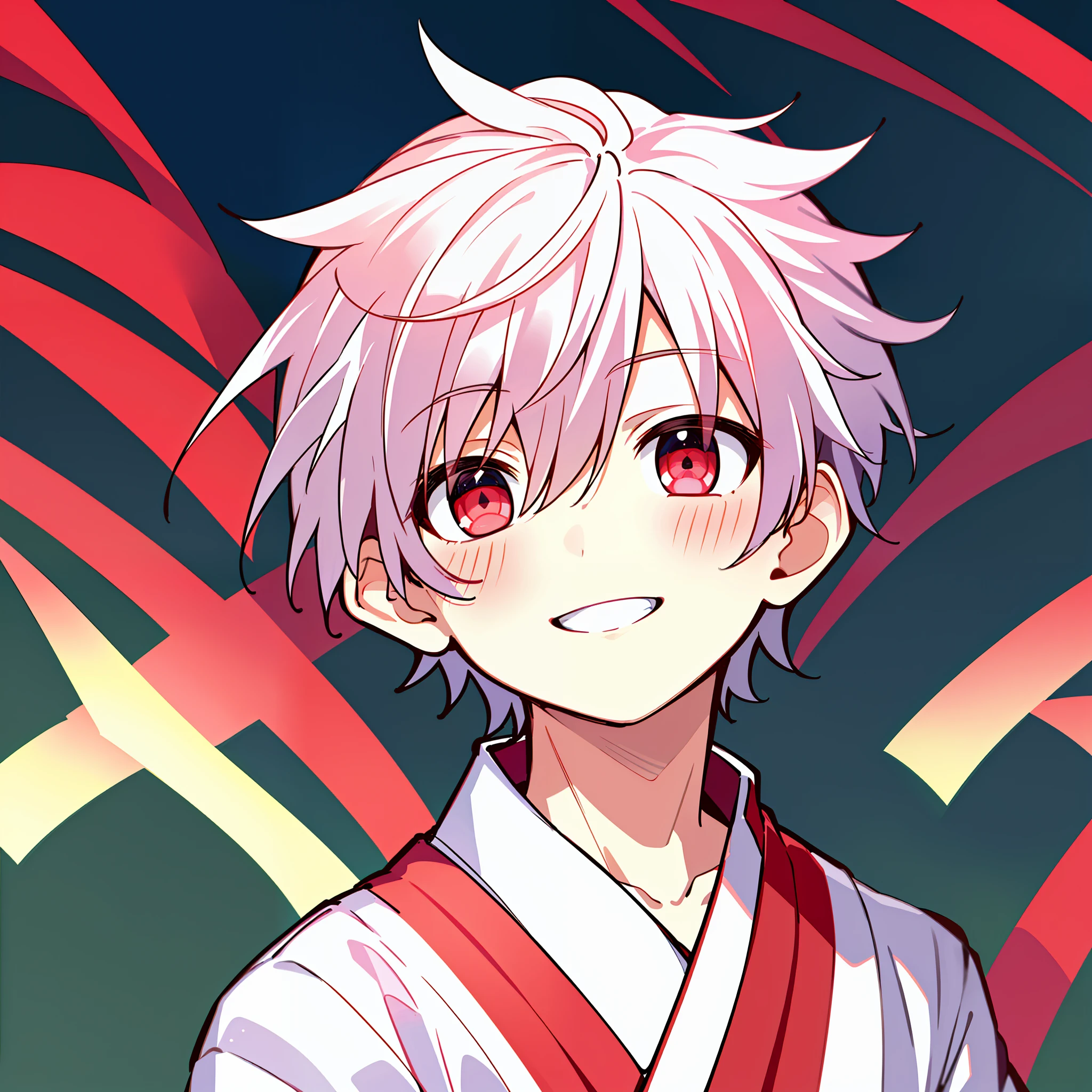 ((masterpiece)),(((best quality))), (high-quality, breathtaking),(expressive eyes, perfect face), 1boy, solo, male, short, young, small boy, short white hair, red eyes, smiling, blushing, yukata, tanabata, at night