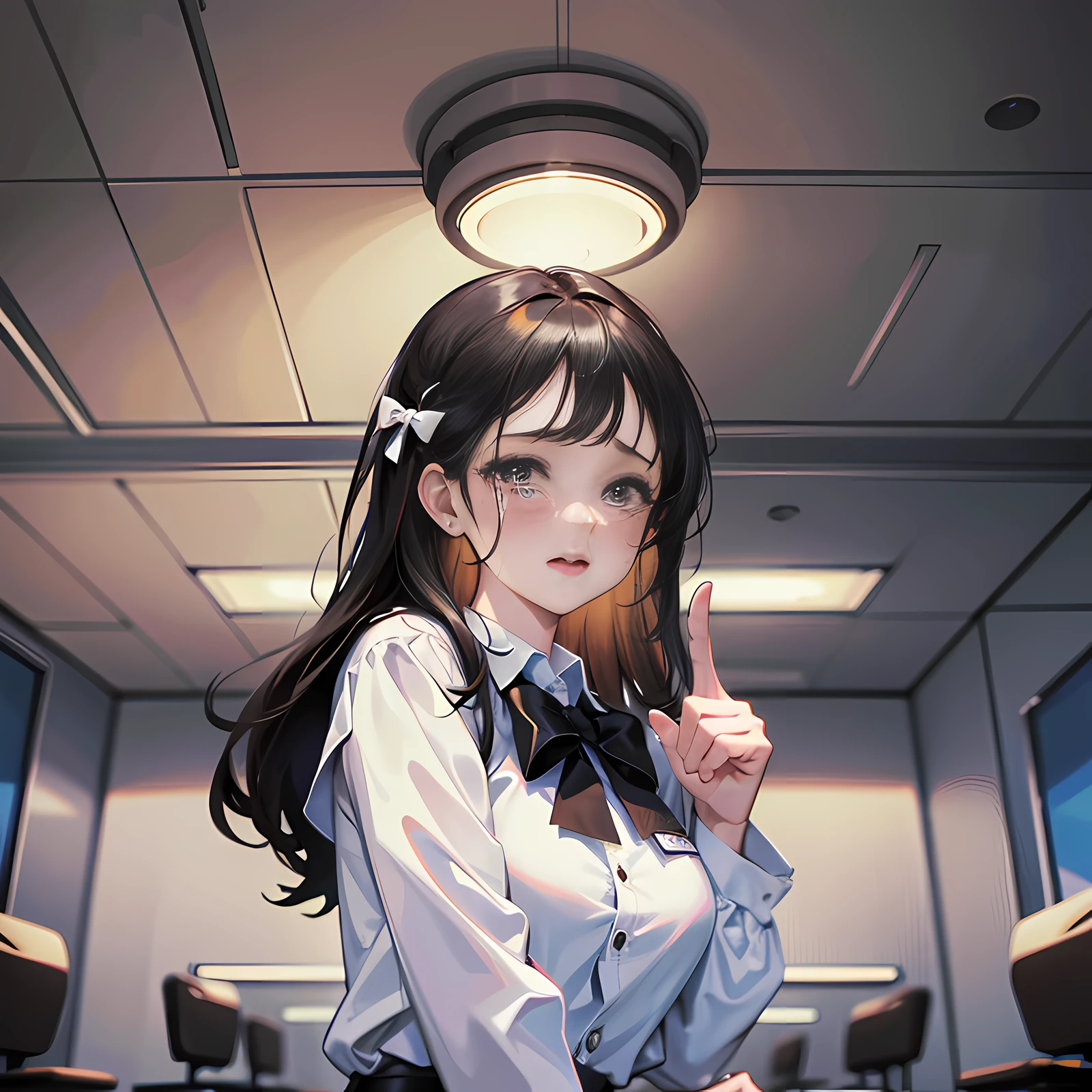 In the conference room, there was a girl standing up, pointing her finger at someone, crying, tears, long black hair, super detailed, 4k, white, no bow tie
