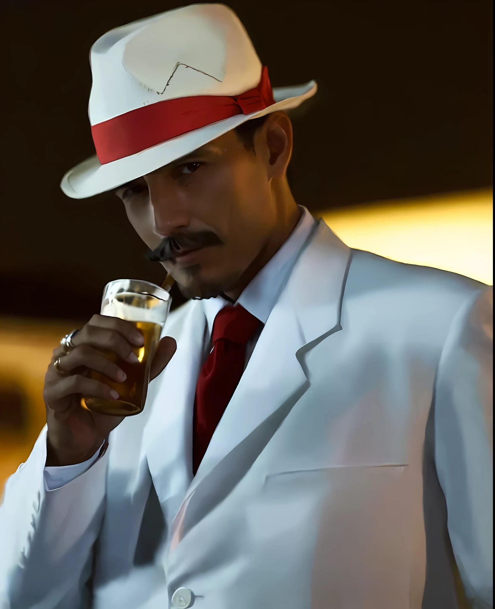 There is a man with thin mustache and goatee in white suit and red tie holding a beer, white suit and hat, wearing white suit, with cigar, a man in a hat, tilting his fedora, with a drink, holding a drink, profile picture, white suit, wearing futuristic white suit, profile picture