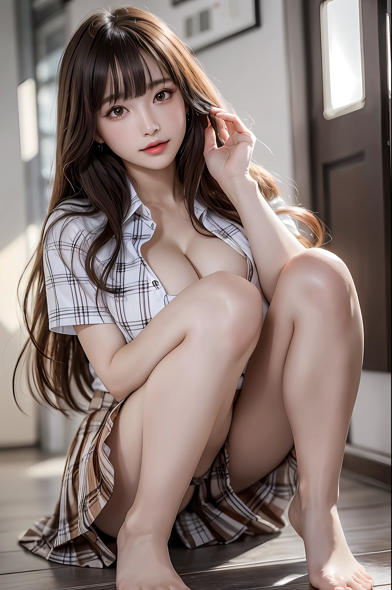 nsfw, 8K raw photo, best quality, masterpiece, ultra high definition, film grain, filmg, 1 girl, Japan schoolgirl iing at bangs,(super detail hair, gorgeous & elegance hair, long hair, bangs:1.3), viewer, natural skin texture, realistic eye and face details, full lips, lipstick, (makeup), red eyeshadow, fluffy long hair, messy hair, smile, Close Mouth, Beautiful Legs, slim_legs, Solo, Huge, Cleavage, Ultra Short Skirt, Ass, Shirt, Plaid Skirt, White Shirt, Huge, Cleavage, Blurred Background, Blurred, Retention, Plaid, Short Sleeves,Brown Hair, Water, Bangs, Uniform, Parted Lips, Lips, Pleated Skirt,Best Quality, White Skin, Real Human Skin, (Details, Oval Face, Pores, Ultra High Definition, (8k, RAW photo, photorealistic: 1.4), One girl, slim, photo from below, barefoot, looking up from the ankles, posing with hands lifting breasts