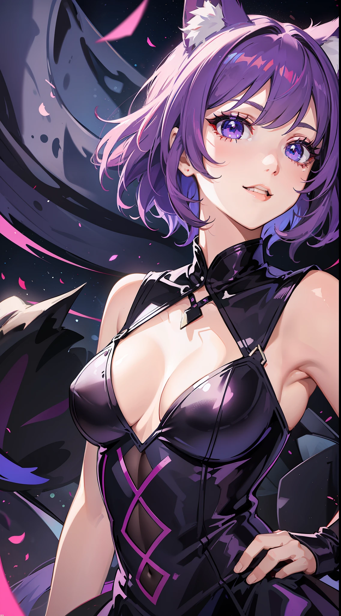 Fashionable girl, short purple hair, red strand, blue eyes, wolf ears and tail, black light beautiful dress, smile, masterpiece, high quality
