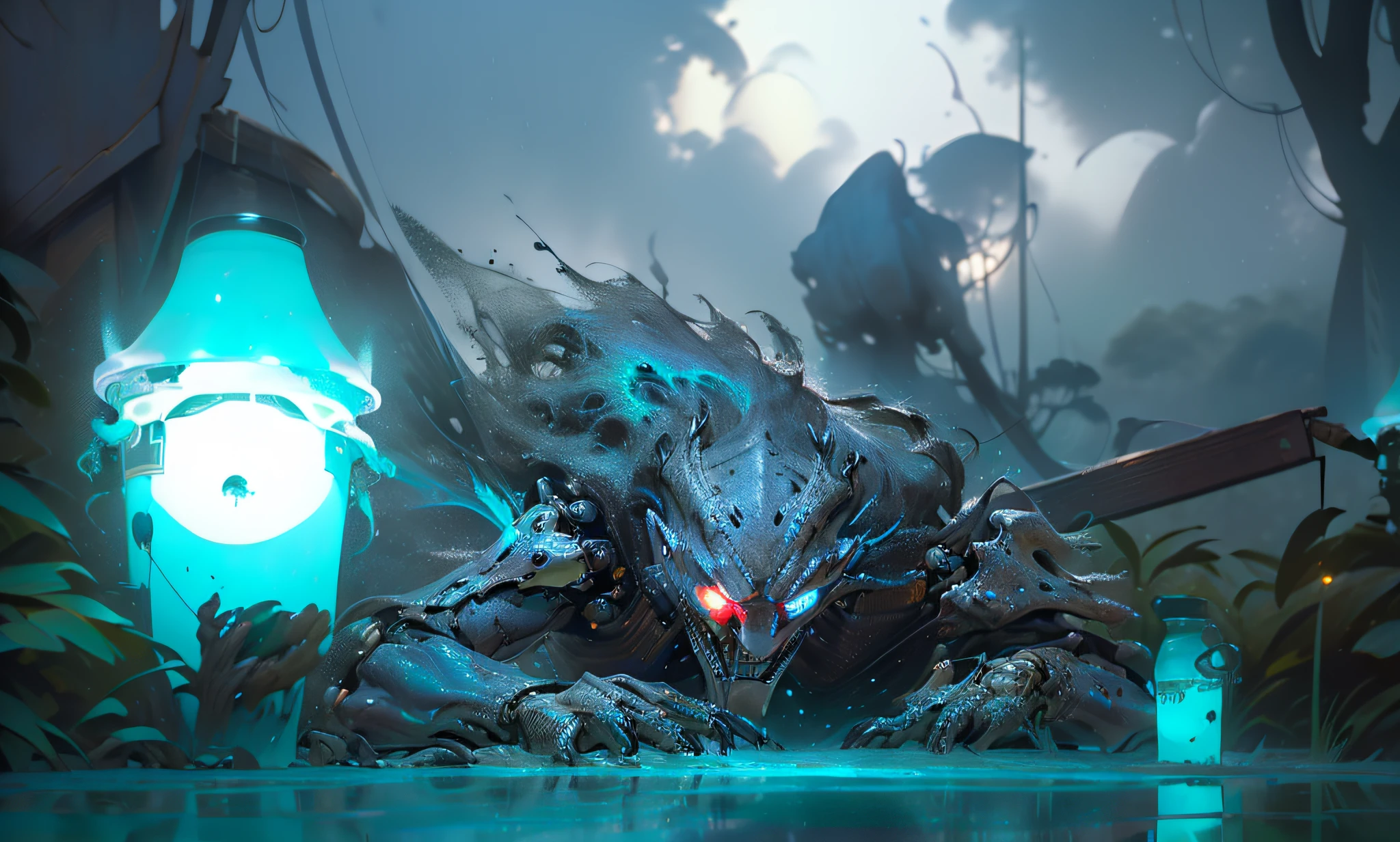 ((((Masterpiece)), Best Quality, Official Art, Very Detailed CG Unity 8k Wallpaper, Fine Details, Stunning Mechanical Exoskeleton, Terrifying Giant Long-legged Alien War Machine, Mystery, Oppression, Cinematic Color Scheme, Ray Tracing, Rain, Cinematic Lighting, Cloudy Day, Ground Reflection, Car, Portal Teleportation Alien Creatures, Halo, Alien Creatures with Mechanical Skeletons, On the Roof. (Bare wires can be derived from mechanical exoskeletons)