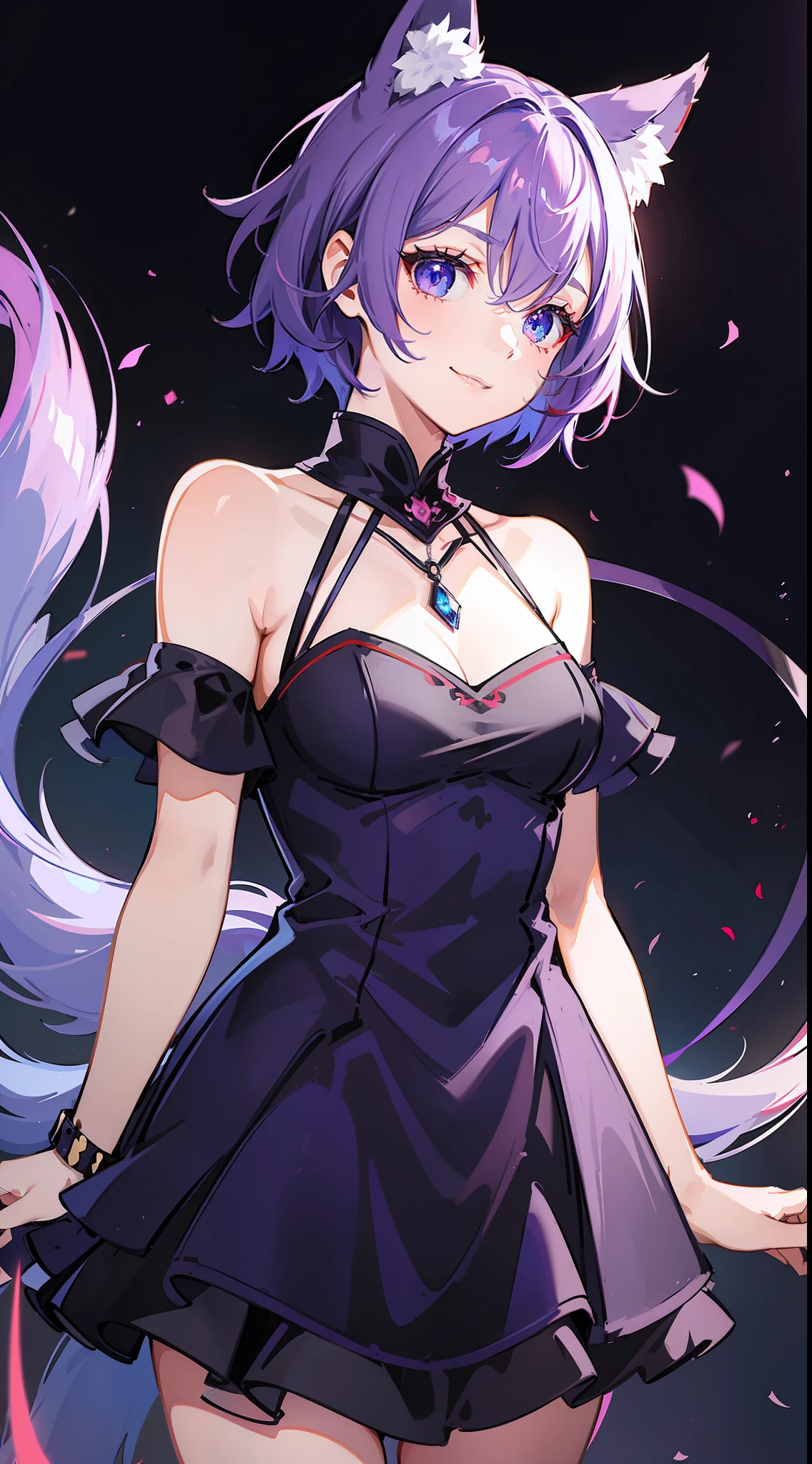 Fashionable girl, short purple hair, red strand, blue eyes, wolf ears and tail, black light beautiful dress, smile, masterpiece, high quality