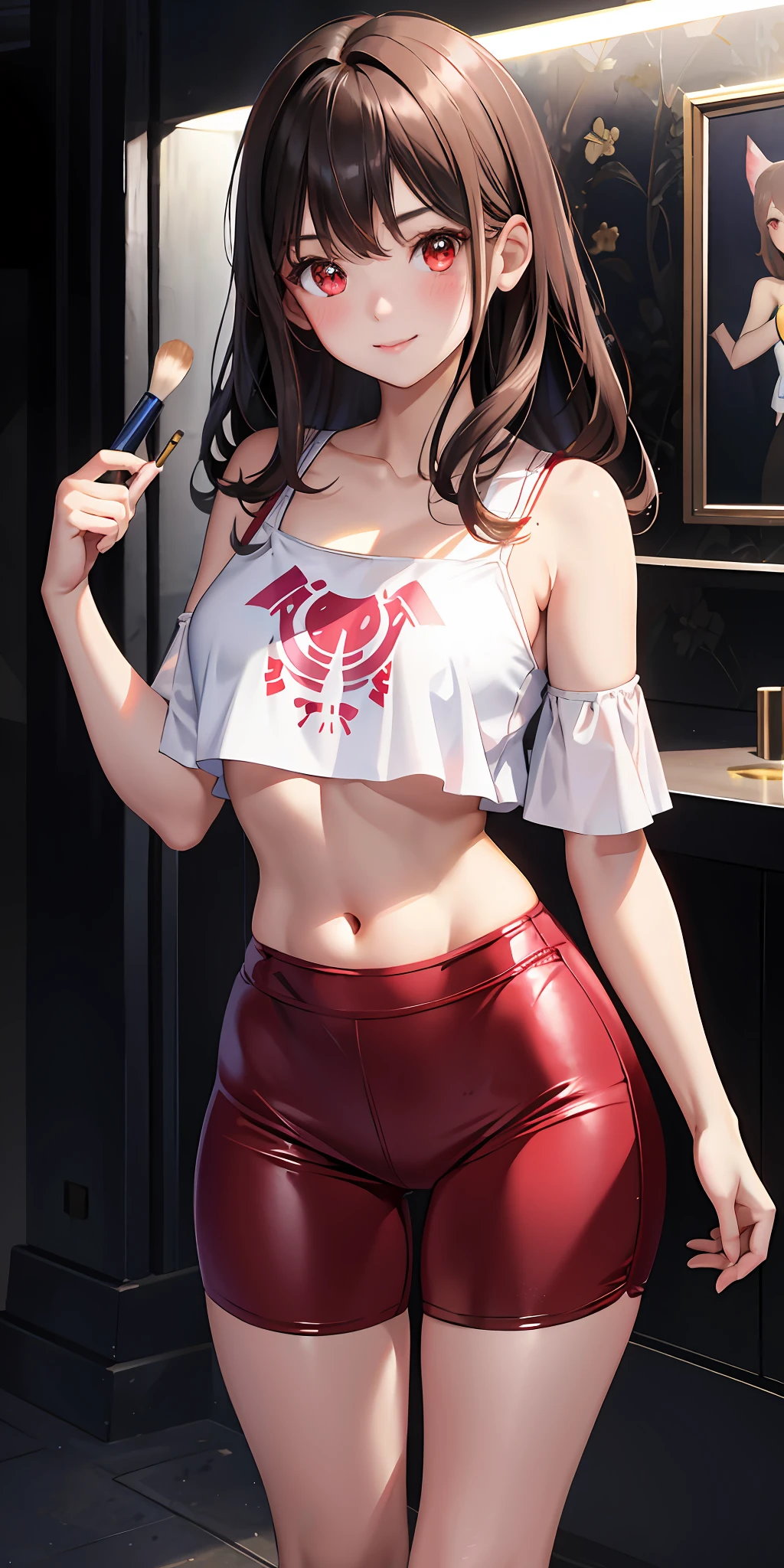 1girl, lip flap, blush, makeup, light smile, brunette hair, red eyes, crop top, no clothes, light, glow, thighs, collarbone, narrow waist, (masterpiece), wallpaper,