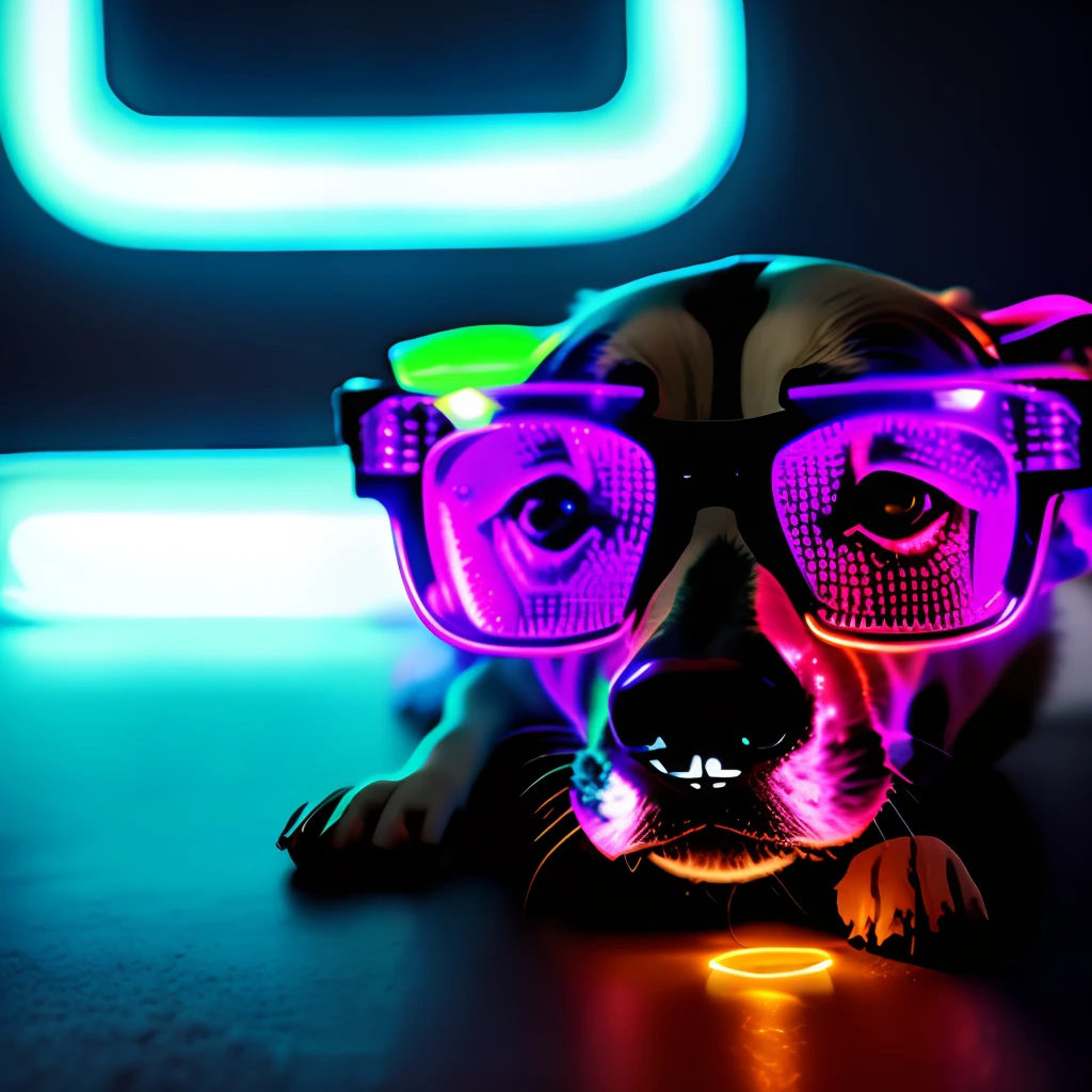 Dog with cyberpunk black glasses with led lights on the edge