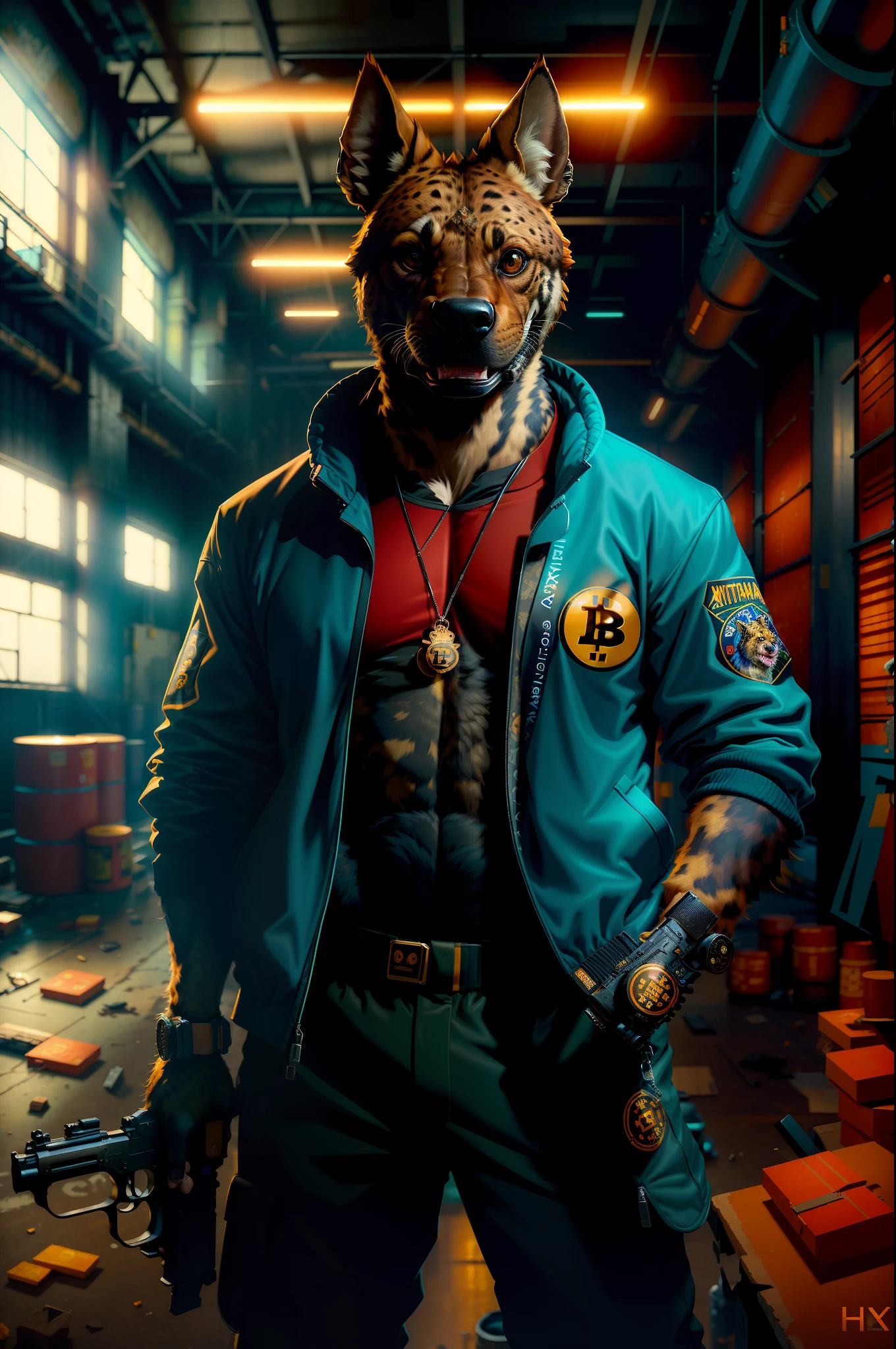 ((best quality)), ((ultradetailed)), ((masterpiece)), photograph, scene: spacious abandoned warehouse, theme: anthropomorphic animal mafia, character: hyena, appearance: printed bitcoin on his locket,wearing a windbreaker, holding a submachine gun and firing, other scene elements: training targets behind the character, perspective: realistic style, resolution: 4K.