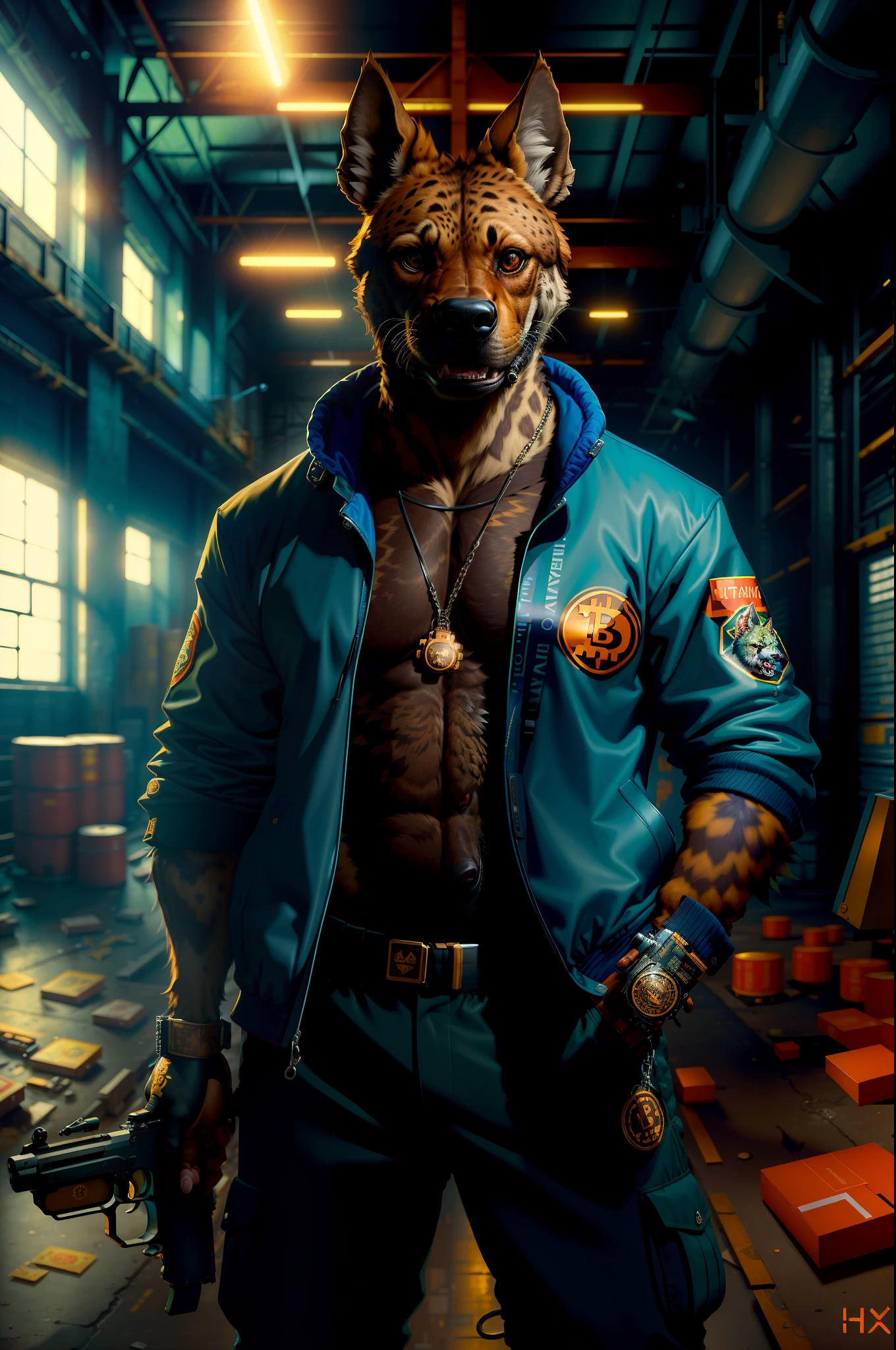 ((best quality)), ((ultradetailed)), ((masterpiece)), photograph, scene: spacious abandoned warehouse, theme: anthropomorphic animal mafia, character: hyena, appearance: printed bitcoin on his locket,wearing a windbreaker, holding a submachine gun and firing, other scene elements: training targets behind the character, perspective: realistic style, resolution: 4K.