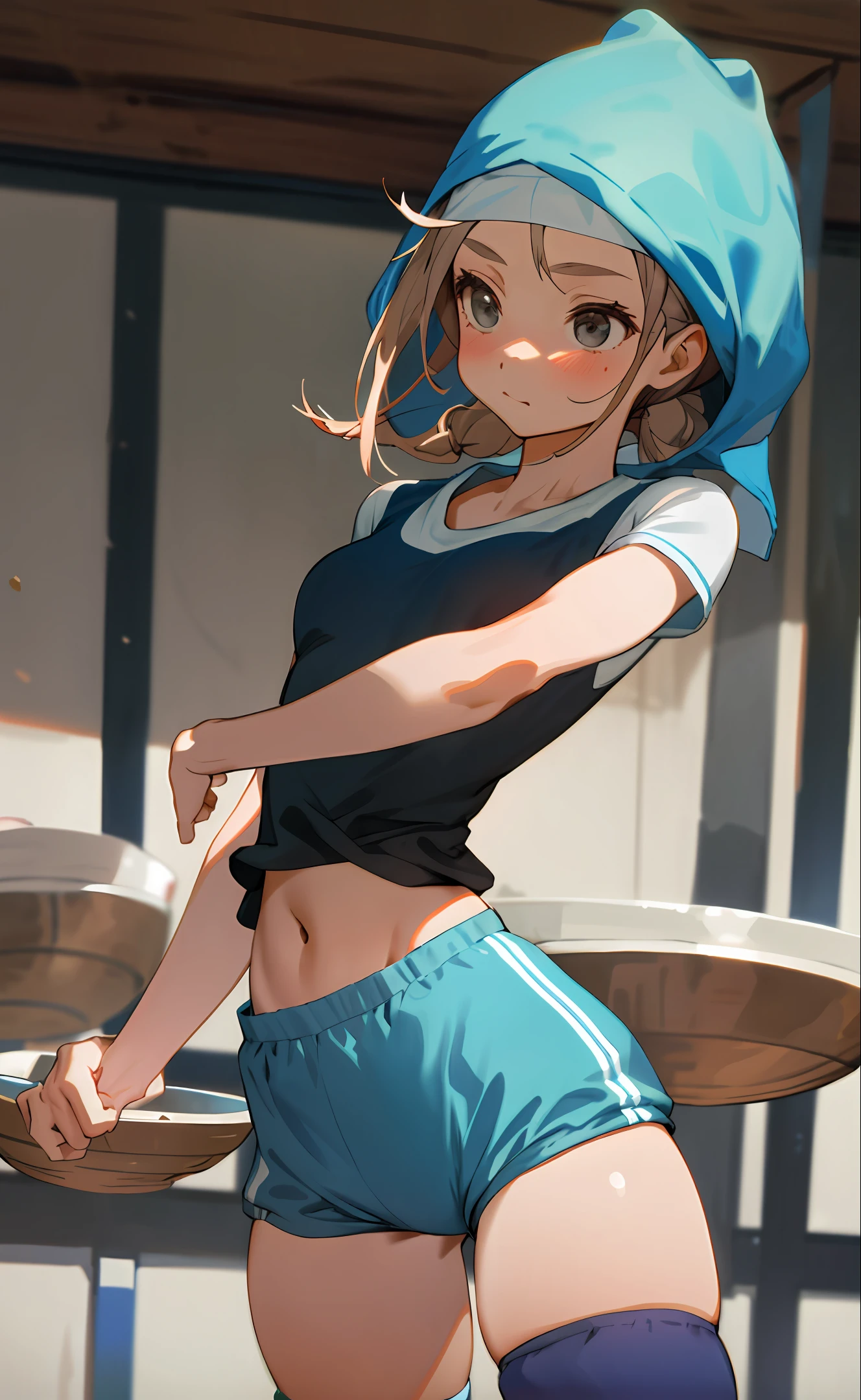 A realistic cute girl wearing gym clothes with a bowl wrap on her head and only bloomers on her lower body