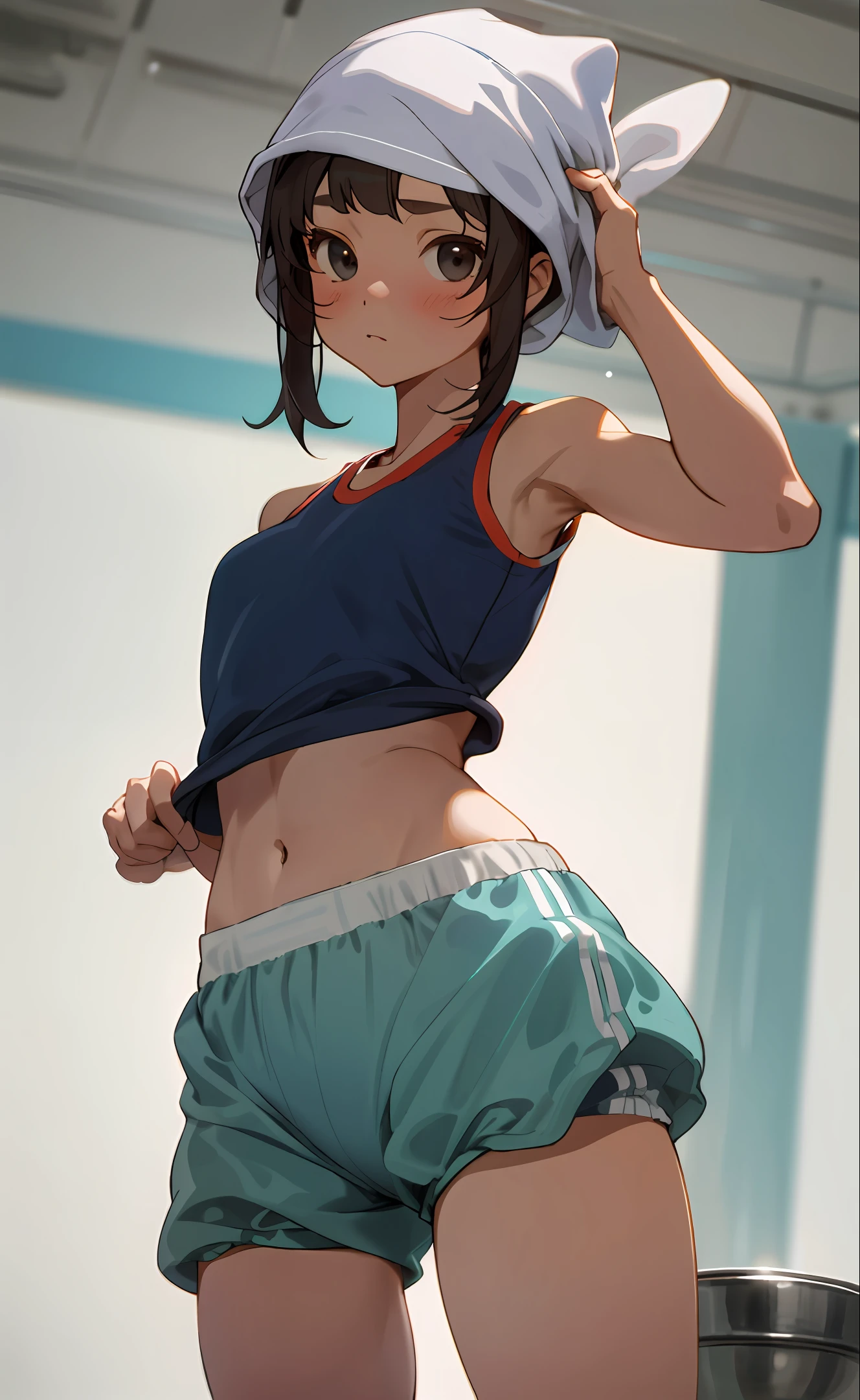 A realistic cute girl wearing gym clothes with a bowl wrap on her head and only bloomers on her lower body