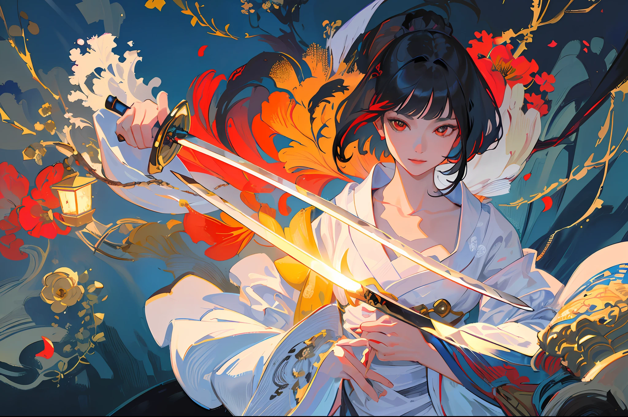 ((masterpiece, super detail, exquisite detail, top quality, illustration), one girl, solo, high quality, watching the viewer, red eyes, black hair, bob cut, floral hair ornament, smile, floral kimono, Japan in the garden, bamboo forest, white gravel garden, shoji door, transparent sunlight, feminine, powerful, traditional, ukiyo-e, oriental aesthetic, elegant, beautiful, attention to detail, bright colors, high contrast, Dynamic lighting, realistic textures, traditional painting style, illustration aesthetics, ((holding a sword)), Tomoe Gozen,