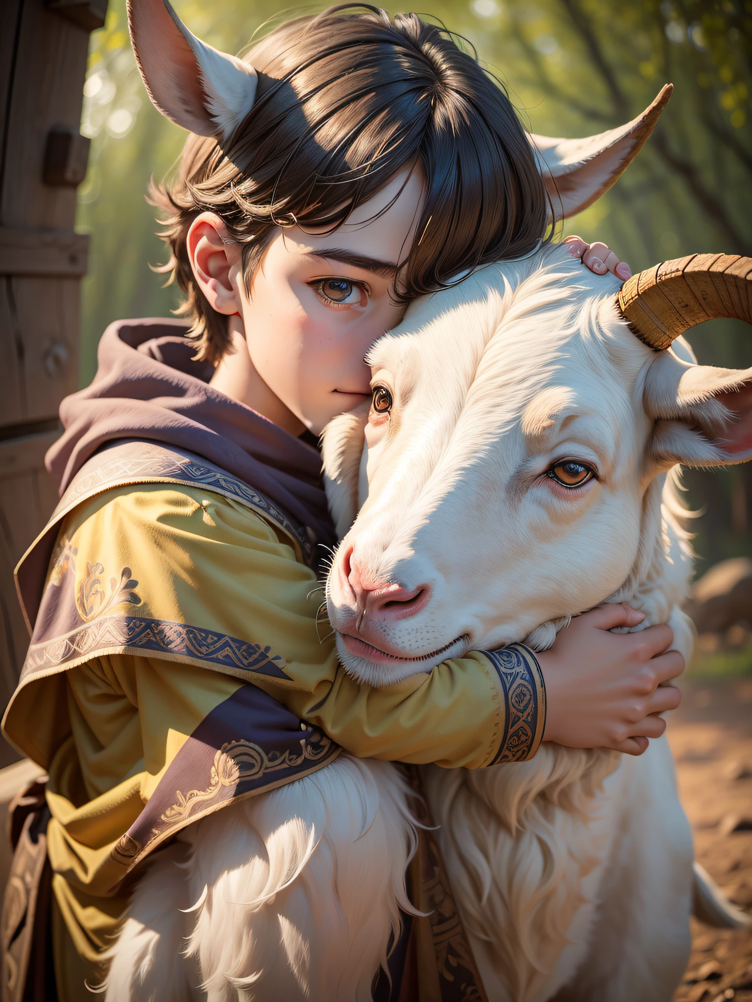 cute boy holding and hugging a goat, cute duo wide photography, realistic photography, hyper realistic, colorful background, intricate details, rich colors, visual beauty, beautiful lighting, beautiful composition, highly detailed, 8k