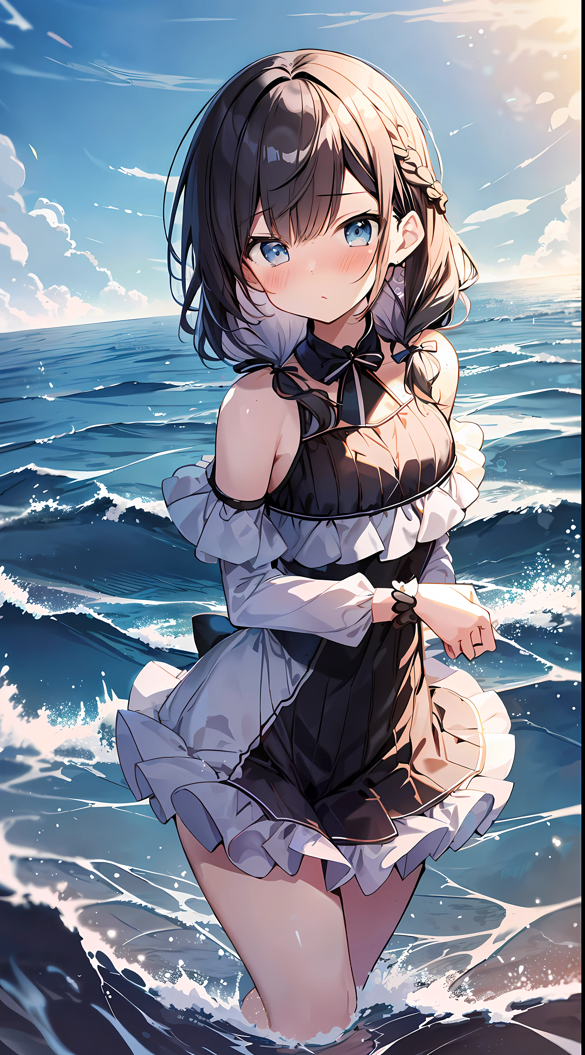 (Incredibly Absurdres Absolutely Resolution: 1.5), Best Quality, Masterpiece, Ultra High Resolution, 8K, Midsummer, (Ruffles, Bikinis, Swimsuits), Shojo Manga Style, , Soft Line Art, Digital Enhancement, Shoujo Manga Touch, Shojo Manga Core, (Hair length to shoulders)))), (Short braid)))), soft drawing((flustered gesture, ultimate surprised expression)), ultra-detailed digital anime art, clear face depiction, ultra-detailed shoujo manga character art, clear facial features, manga style, top quality color, delicate, staring at us head-on, hand gestures, Full body angle, footing angle, sea, entangle, beautiful and aesthetic: 1.5, high quality: 1.3