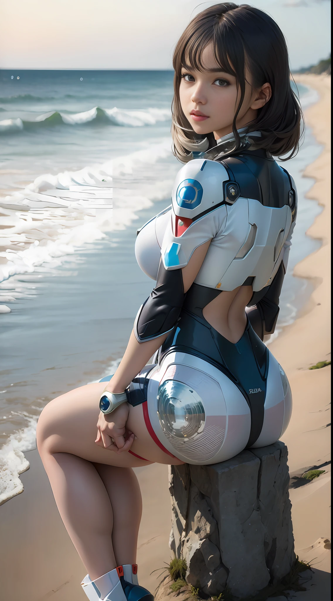 Mecha Maiden, Seaside, (inspired by the Avengers), Full Body Mecha Coverage, Mecha Maiden, Safety Rating, (8k, foto RAW, fotorrealista: 1, 25), (muito brilho labial, muitos cílios, melhor qualidade, ultra alta resolução, profundidade de campo, aberração Cromática, Luz Ampla, Cor Natural, distant images (1:2)
