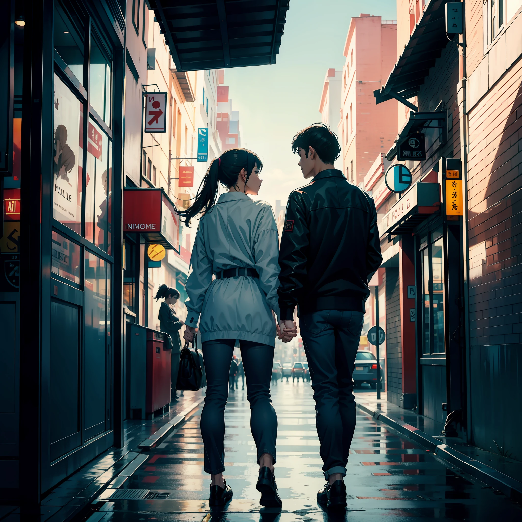 A couple holding hands in a busy street
