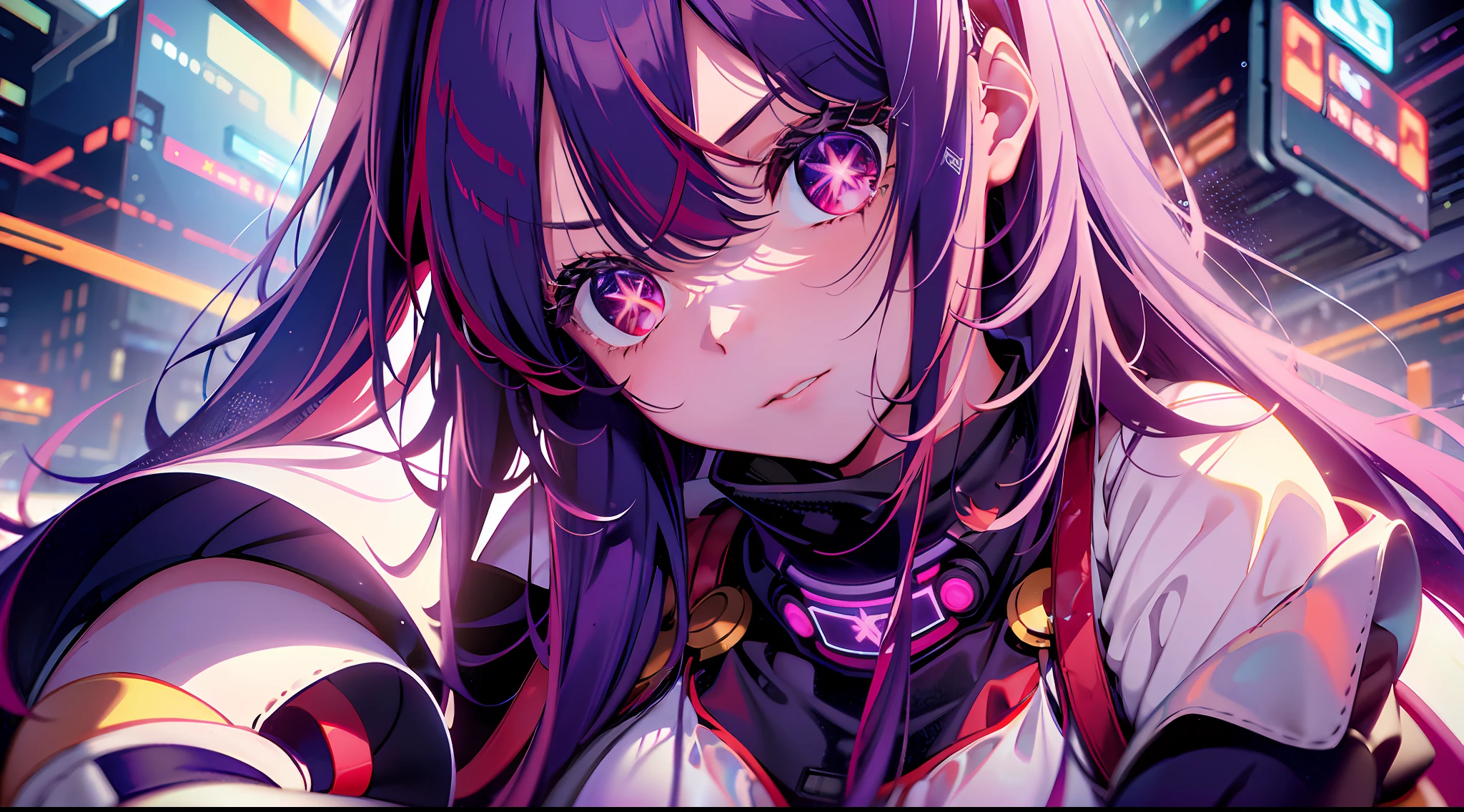 Cyberpunk, red and blue lights, (A loli girl without shoes: 1.5), loli, squat, (white stockings: 1.3), (lower belly can be seen: 1.2), scarlet eyes, (white dress), faintly visible underwear, big, purple hair, hair purple reflection, hair accessories, fantasy, masterpiece, flat color, color: 1.0), (best quality: 1.2), (high precision: 1.1), 8k resolution, (rich detail: 1.1), delicate, clear background, noise reduction, complex details, super detailed, very detailed, complex, small details, CG