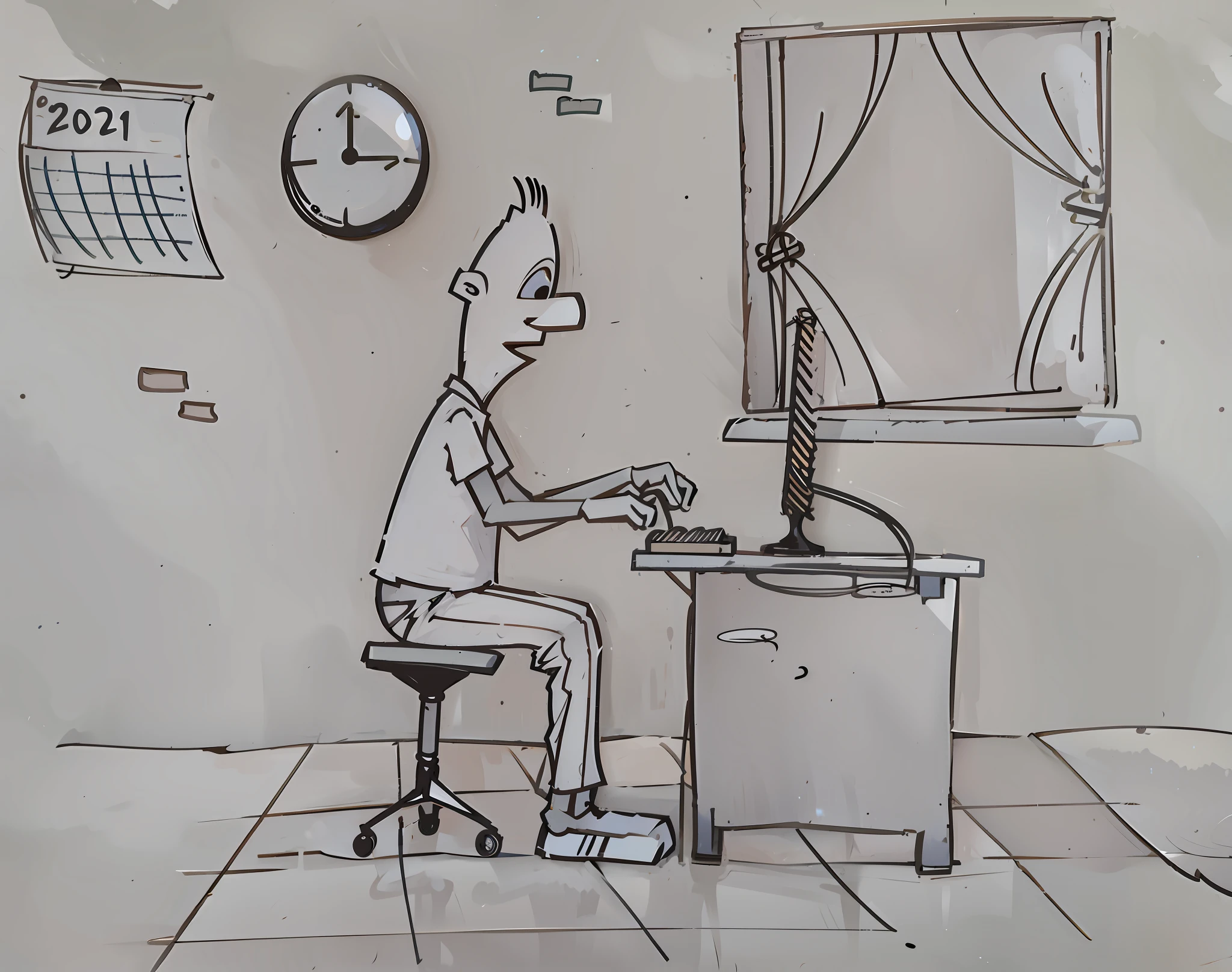 cartoon drawing of a man sitting at a desk with a computer, sitting at a computer, sitting in front of computer, computer drawing, in front of a computer, hand drawn animation, sitting at desk at keyboard, hand - drawn animation, sitting at a computer desk, an alien working on a computer, hand drawn cartoon, cartoon still