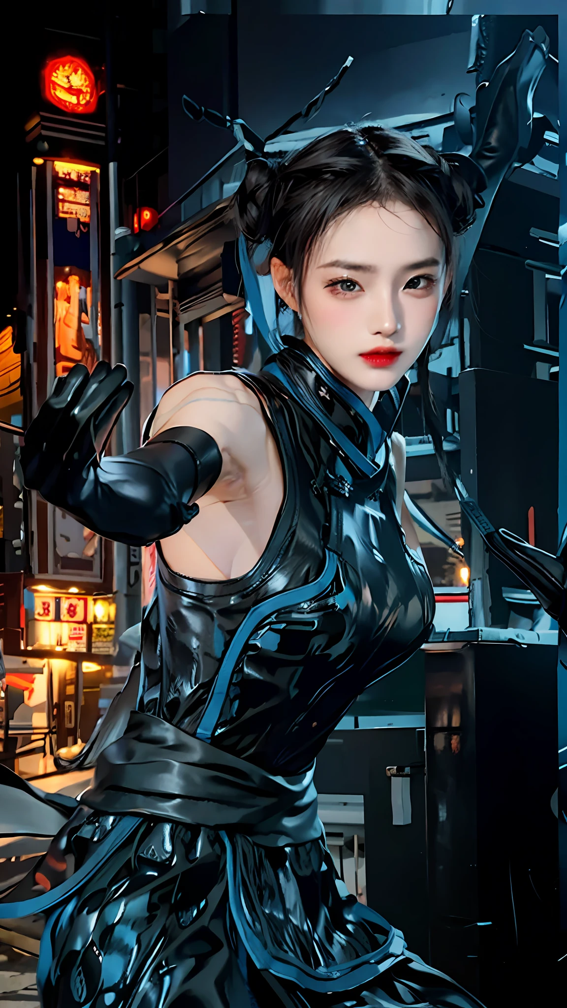 Black leather gloves, big breasts, black hair, braid, blue china dress