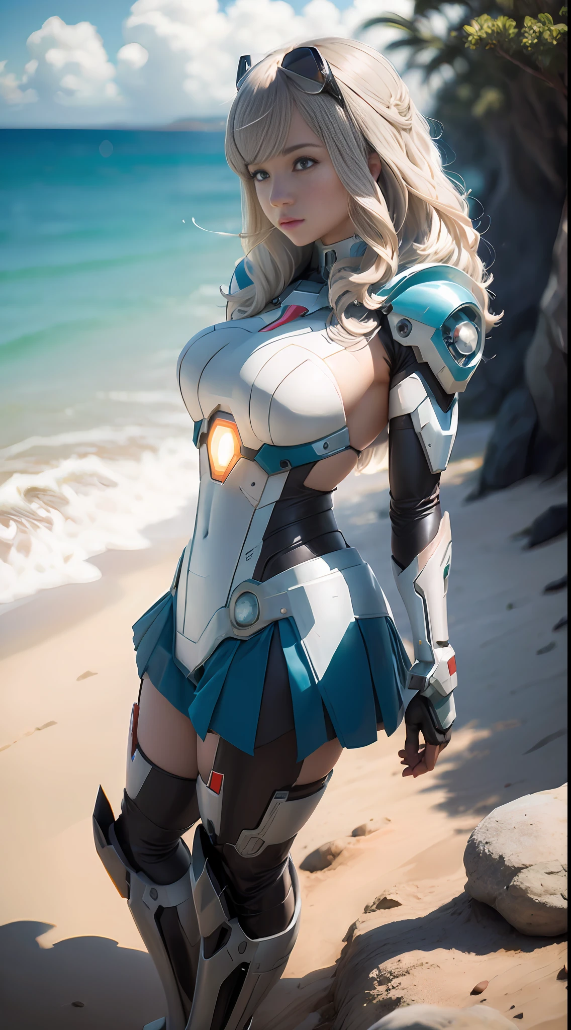 Mecha Maiden, Seaside, (inspired by the Avengers), Full Body Mecha Coverage, Mecha Maiden, Safety Rating, (8k, foto RAW, fotorrealista: 1, 25), (muito brilho labial, muitos cílios, melhor qualidade, ultra alta resolução, profundidade de campo, aberração Cromática, Luz Ampla, Cor Natural, distant images (1:2)