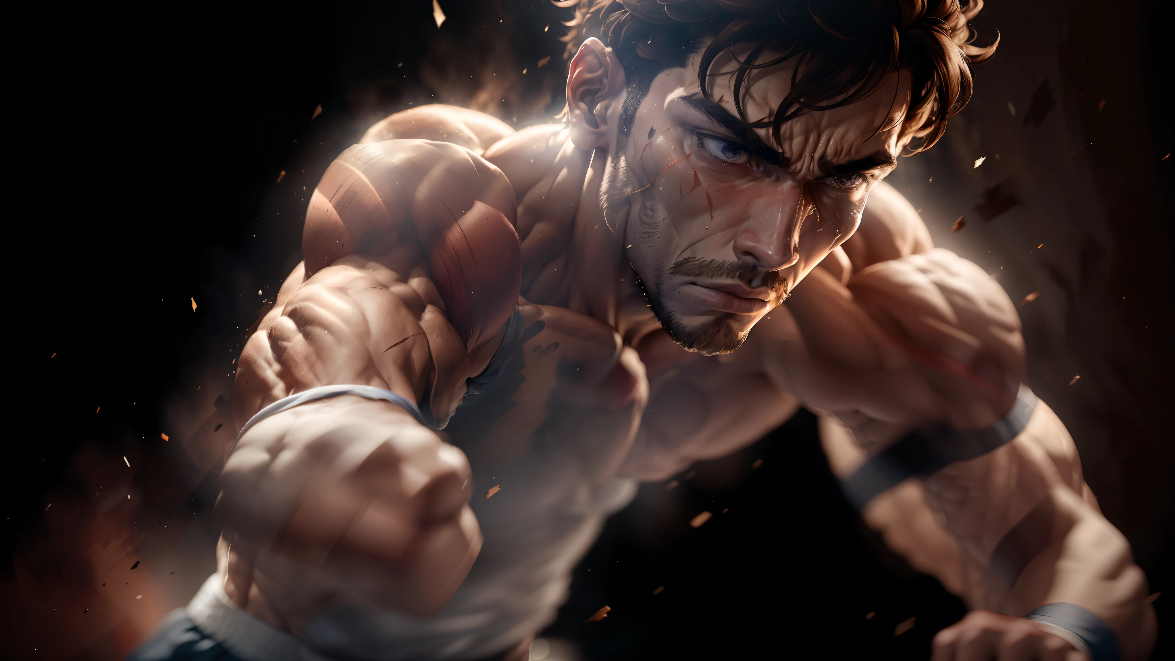 a man boxing, dynamic pose, movement, bruised face, feeling pain, strong depth of field, image in Anne wth an E opening style, tee, profile view, abstract art, faded colors, perfect, flawless, sharp, frontal view, punching the viewer, dark backdrop, --auto --s2