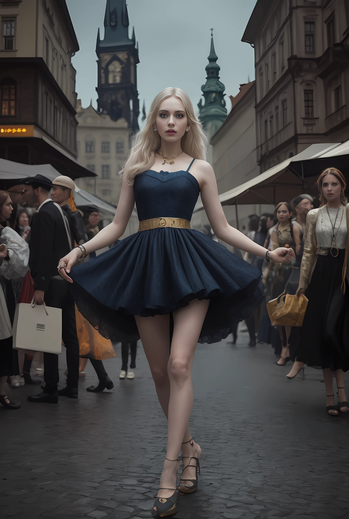 ((((colorful atmosphere,pale skin)))),a hyper realistic ultra detailed photograph of a gypsy woman as 2000s dancer on the Prague Old Town Square,Prague Old Town Square background, gypsy dress, dancing, intricate,dark blue dress, gold, gypsy person, banquet, crowd, picking up skirt,pale skin, [slight smile],blue light particles,short shorts,detailed symmetric beautiful hazel eyes, detailed gorgeous face, peaky blinders environemt, polaroid style vintage photograph, trending on cg society, bauhaus, bulgari,official valentino editorial, sunlight, medium symmetry, neoprene, behance contest winner, portrait featured on unsplash, stylized digital art, smooth, ultra high definition, 8k, unreal engine 5, ultra sharp focus, award-winning photograph, Canon EOS 5D Mark IV DSLR, f/8, ISO 100, 1/250 second, TanvirTamim, trending on artstation, by artgerm, h. r. giger and beksinski, highly detailed, vibrant