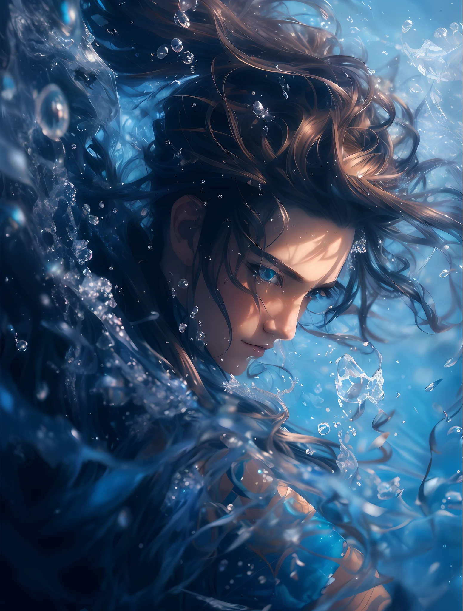 Anime girl with long hair in water with blue background, Caradin storm blessing, closeup fantasy with water magic, Artgerm and Atey Ghailan, Makoto Shinkai Makoto Cyril Rolando, wallpaper anime blue water, beautiful digital artwork, Neoartcore and Charlie Beauvot, beautiful artwork illustration, detailed digital anime art, stunning digital illustration, supreme masterpiece, anime character with long hair in water with bubbles, closeup fantasy with water magic, water manipulation Photoshop, close-up portrait shoot, 8k art portrait photography, portrait shoot, underwater man portrait, close-up portrait shoot, highly realistic digital art, by micha klein, surreal digital painting, close-up - portrait shoot, galendala, expression suggestion, extreme expression, extreme eyes, starry behind it, eye-catching, artistic composition, emotion, active, movement, particles, masterpiece, highest quality, (close-up), magical, eyes radiant