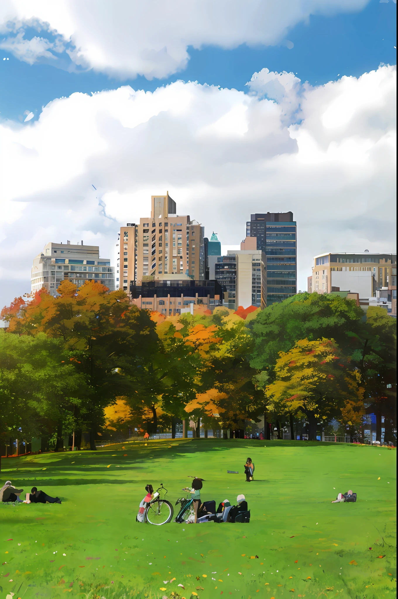 People bike, Central Park, New York, park on a bright sunny day, grassy autumn park outdoors, lawns surrounding the city, Boston, park in the background, park in the background, sunny day in the park, autumn leaves in the foreground, parks and public spaces, mix, meadows, Manhattan, Boston, MA, animation style, Studio Ghibli, concept art, Makoto Shinkai, masterpiece, masterpiece