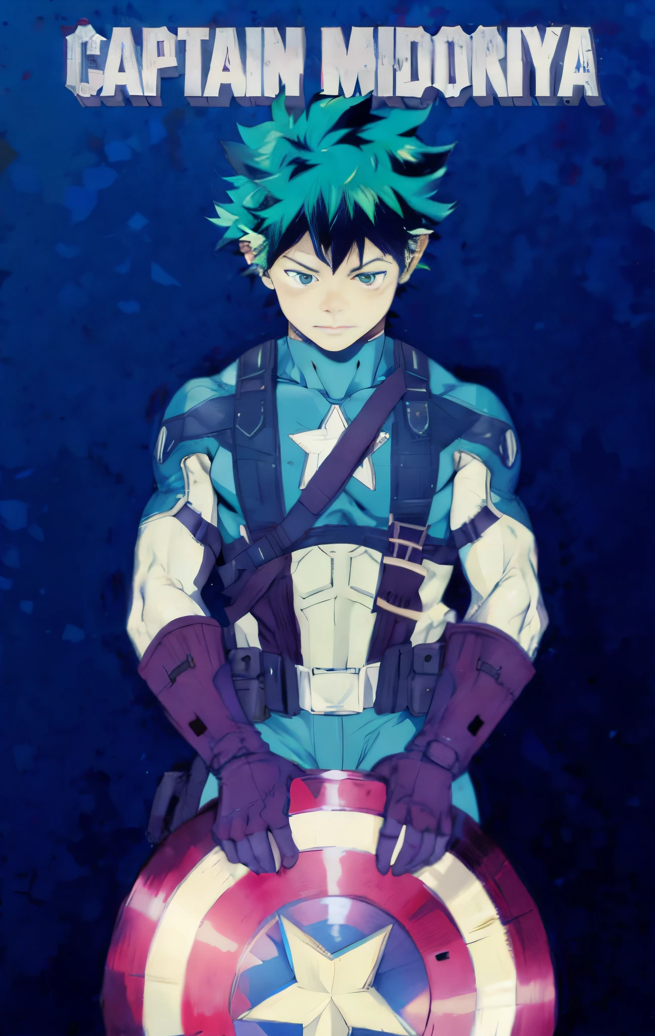 Izuku midoriya, Captain america, hands well made, green hair, Anime Cover, Advanced Digital Anime Art", by Kentaro Miura