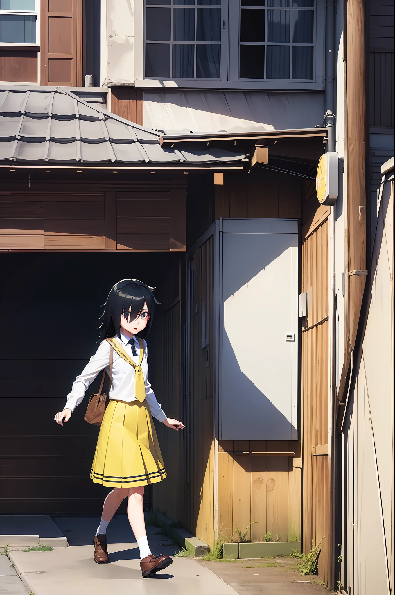 1girl, (masterpice, high quality, high detailed), scenary, HD, good eyes , good face, good body, good hands and fingers, (8k), \(high detailed eyes\), \(high detailed fingers\), extreme detailed, (ultra high resolution), \(extreme detailed eyes\), (official_art:1.2), (profesional_art:1.1), (pixiv or CG:1.2), (highly detailed scenary), (high detailed clothes1.1), high detailed girl (hair over one eye:1.3), bags under eyes, watamote, tomoko, school uniform, yellow jacket, tie, long yellow skirt, walking, (photorealistic:1.4), (3D)