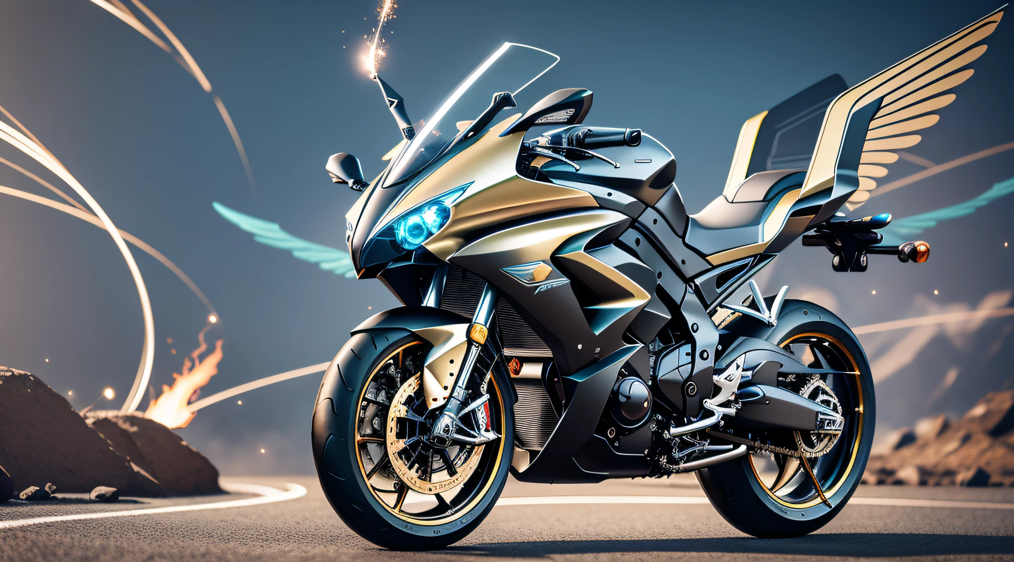Steampunk style, cool tones, cinematic effects, motion photography, Fujifilm, long exposure, futuristic black and gold super motorcycle, the motorcycle is flanked by metallic wings, the wings are feathers, the wings have ambient lights, light and shadow, particle light, particle special effects, blue flames erupting from the tail, ambient lights, surreal sci-fi city in the background, aesthetic, 8K, top painting, concept art, epic composition, with HD details, metallic texture and tension composition, hyper-realistic, ultra-realistic, rich in detail, 3D