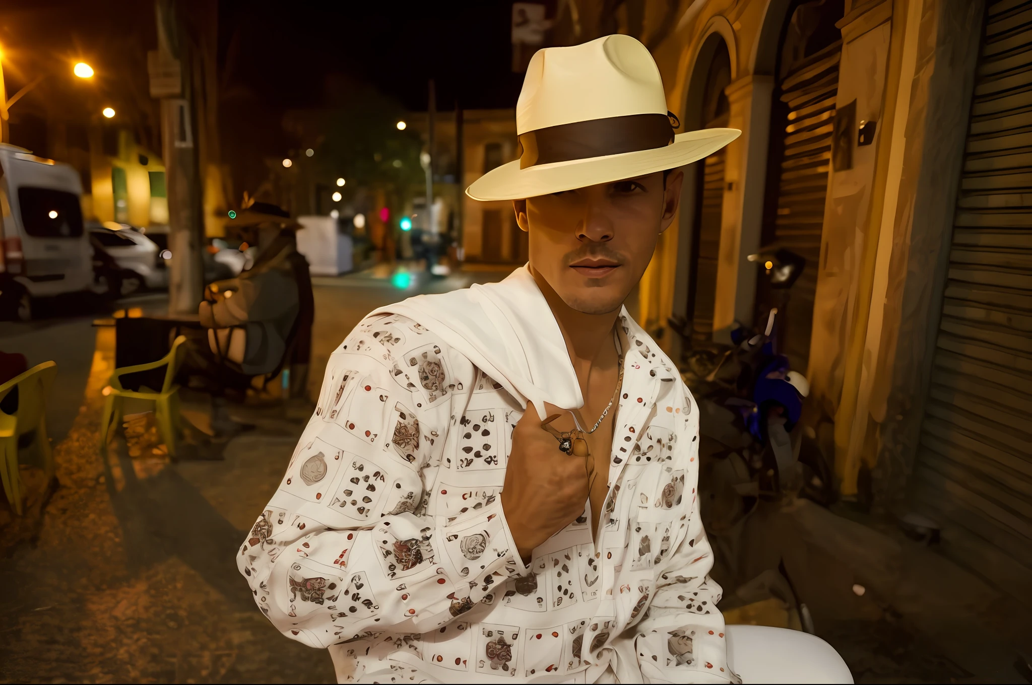There is a man sitting on a bench in a white hat, tub, suit and hat