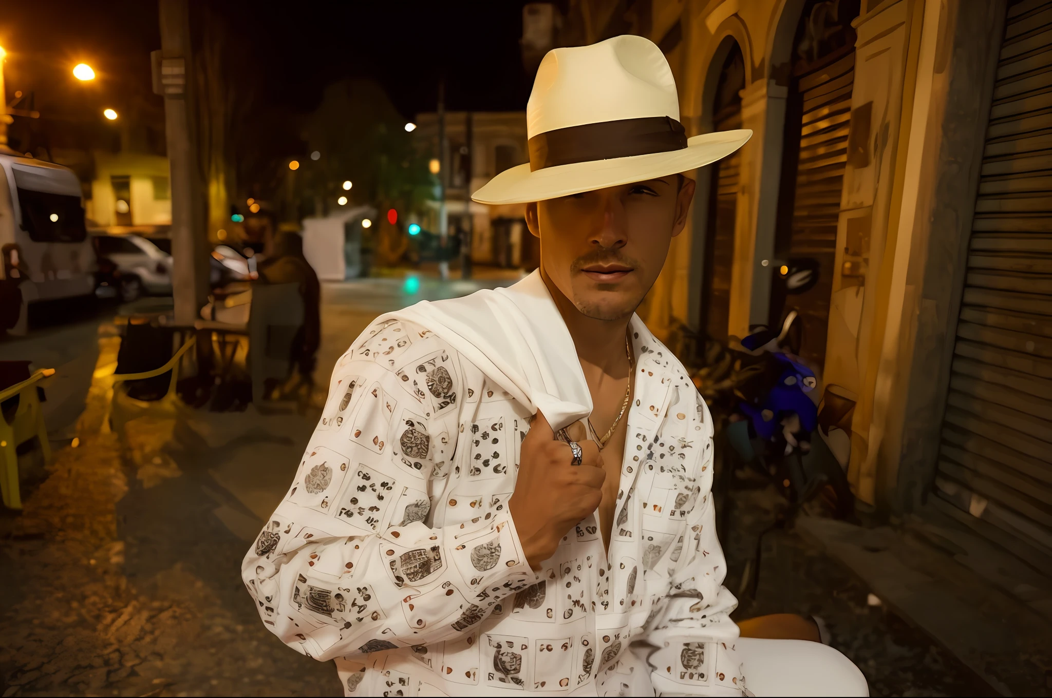 There is a man sitting on a bench in a white hat, tub, suit and hat