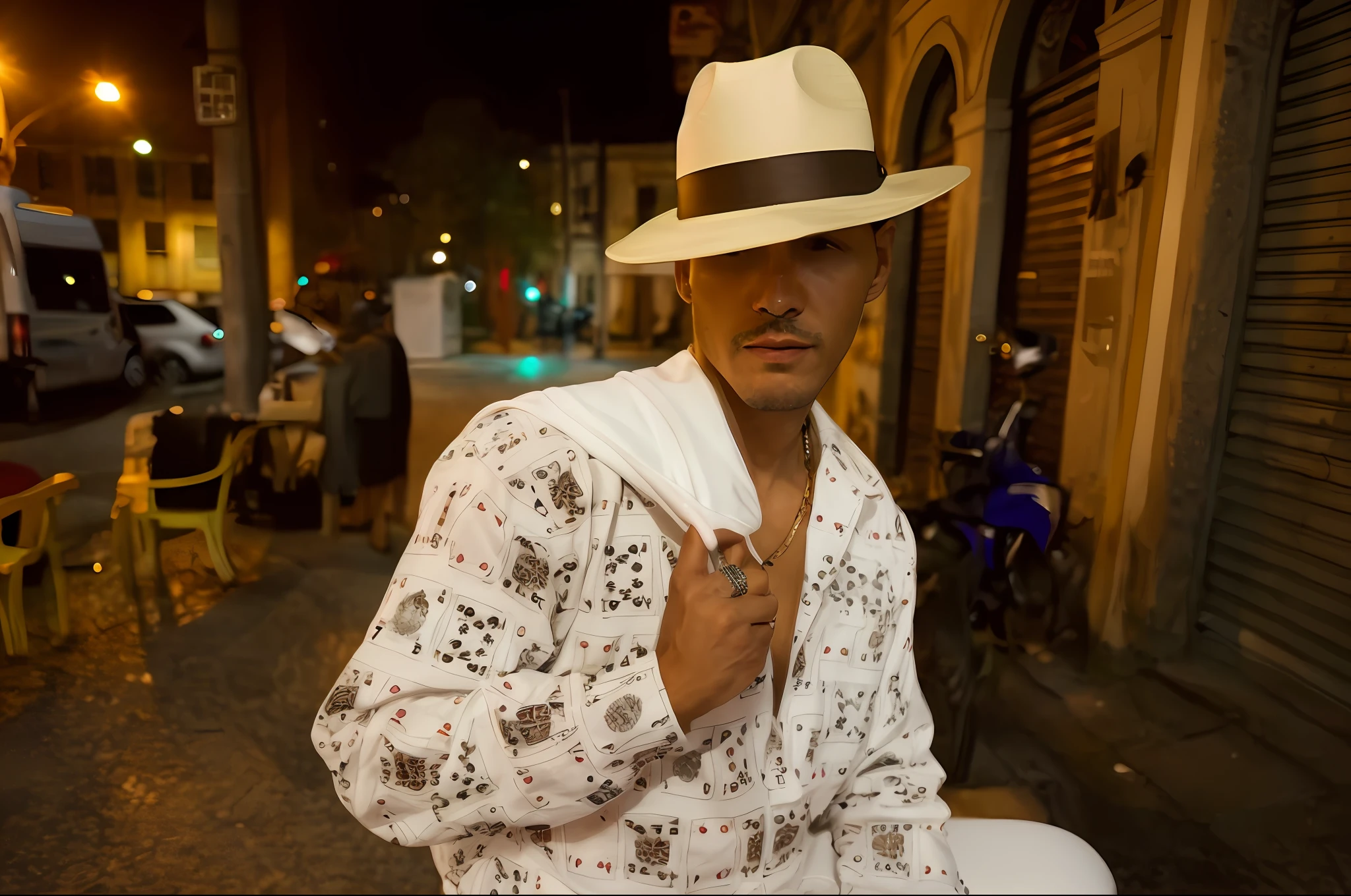 There is a man sitting on a bench in a white hat, tub, suit and hat