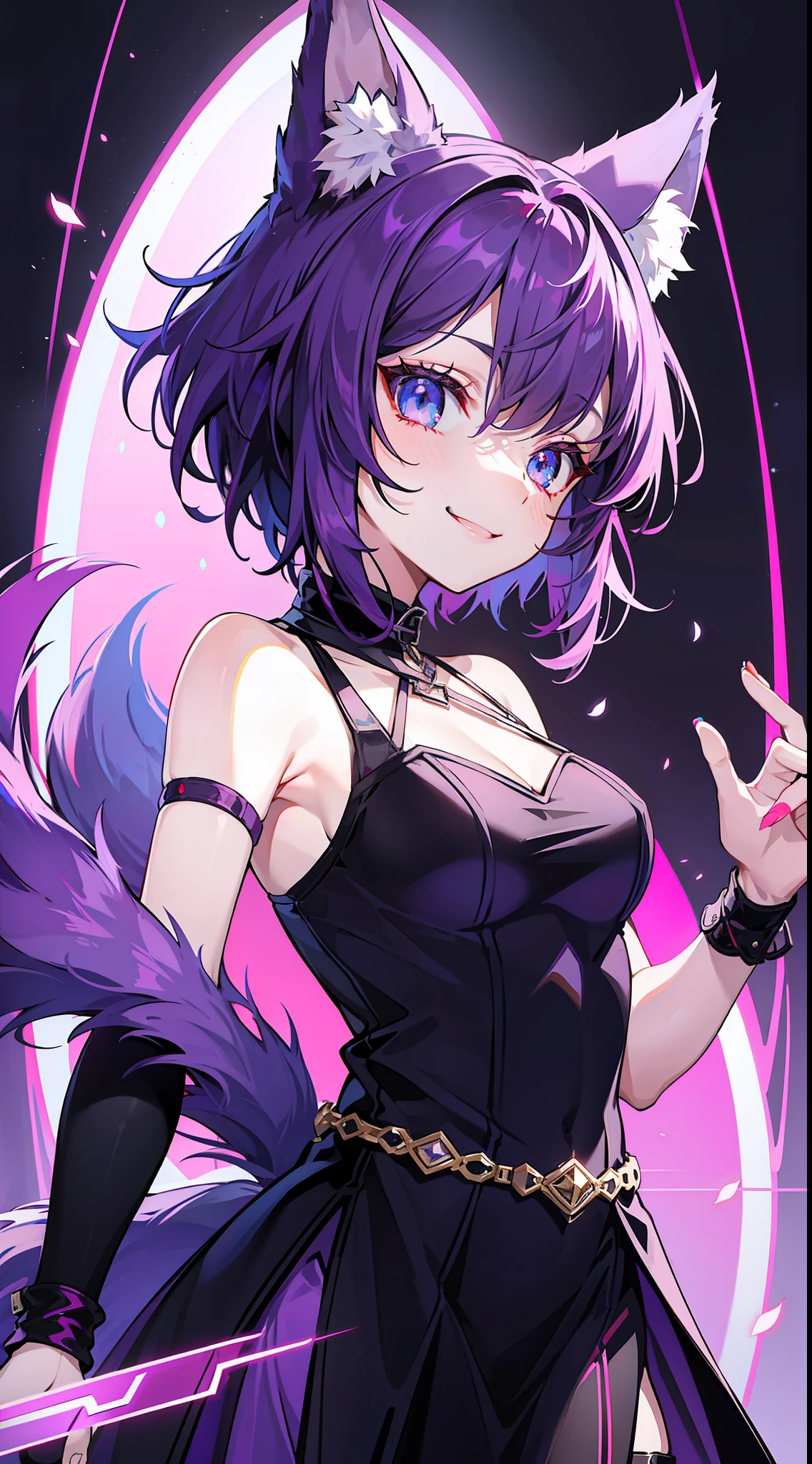 Fashionable girl, short purple hair, red strand, blue eyes, wolf ears and tail, black light beautiful dress, smile, masterpiece, high quality